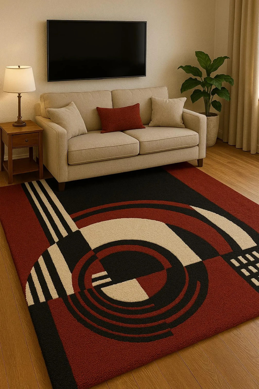 Modern Geometric Hand-Tufted Rug – Red, Black & Cream | Art Deco Style | Premium