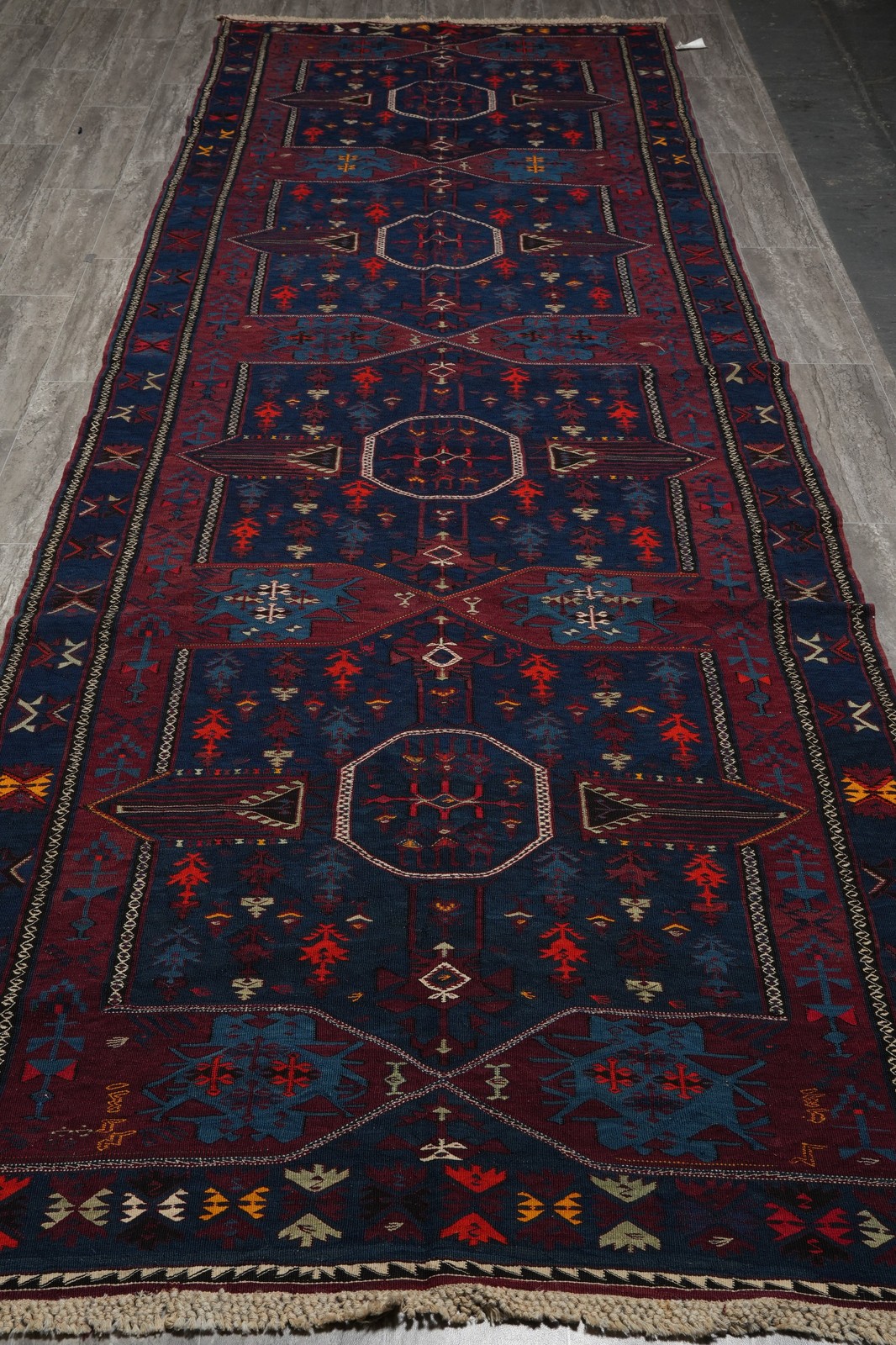 5 x 14.4 Antique Russian Sumaak Kilim Rug Eagle Kazak Pattern 1940’s #B-78955