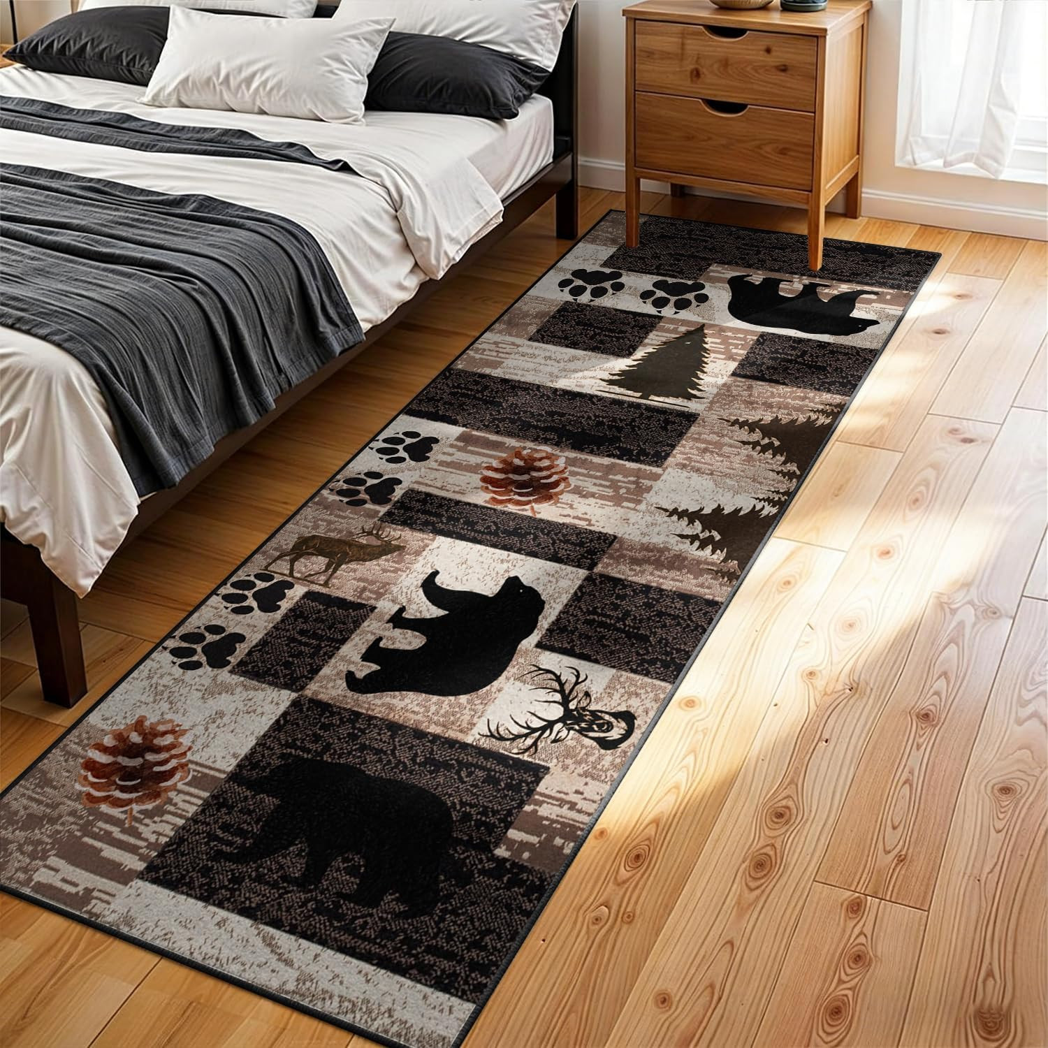 Rustic Lodge Runner Rug,2.6X7Ft,Western Country Bear Elk Deer Wildlife Log