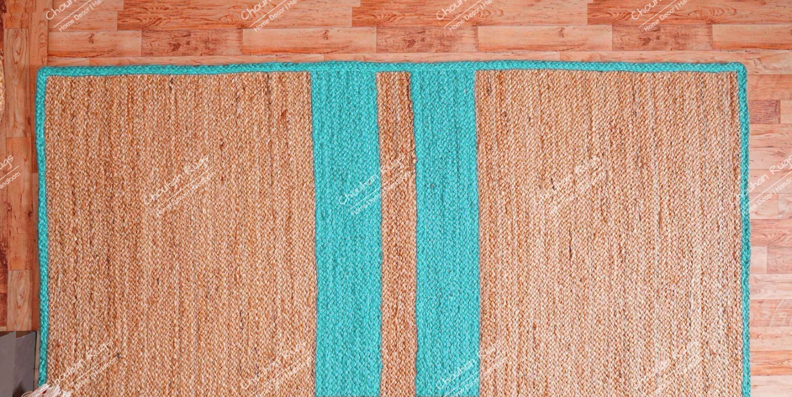 Custom size 5×7 Ft Handmade Natural Jute rug with Turquoise stripe Line area Rug
