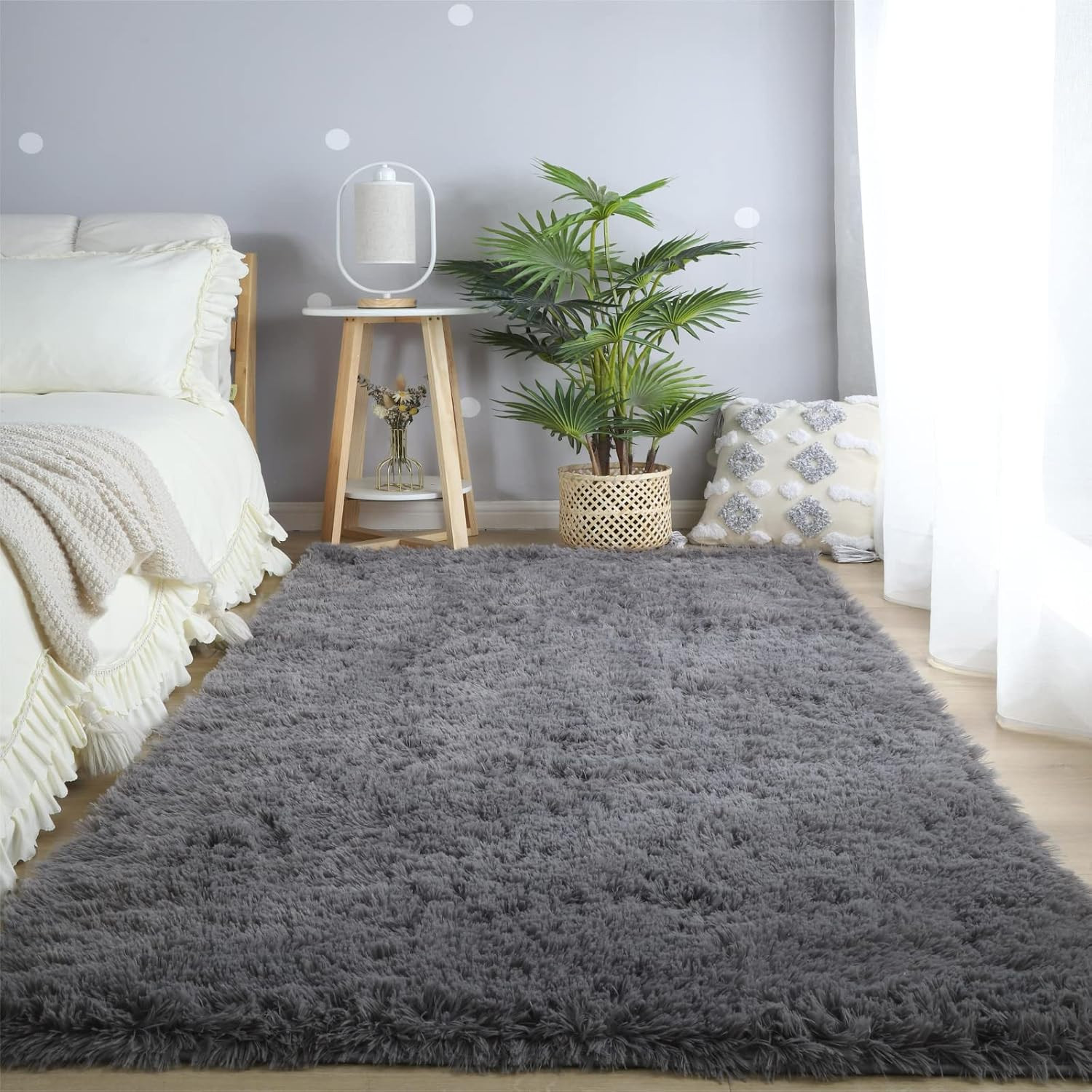 Grey Area Rug for Living Room: Indoor Ultra Soft Shag Plush Rugs for Bedroom – N