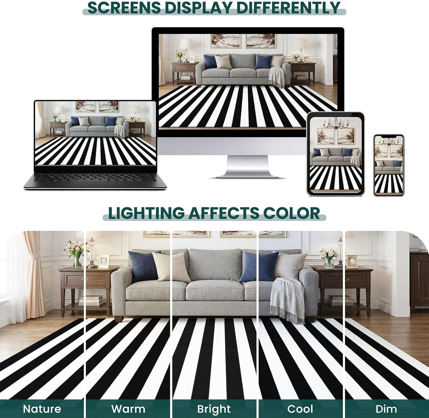 KOZYFLY Black and White Area Rug 27.5X43 Inches Striped Front Door Rug Cotton Wa