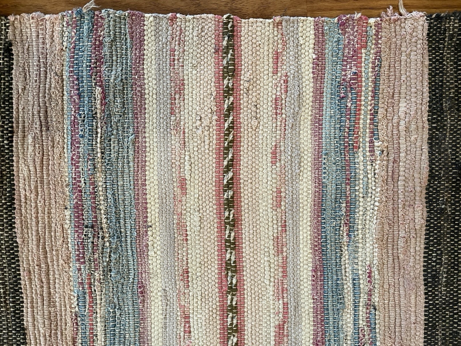 VTG Handmade Woven MCM Rag Rug 80×34 Farmhouse Country Blue Red Black Brown