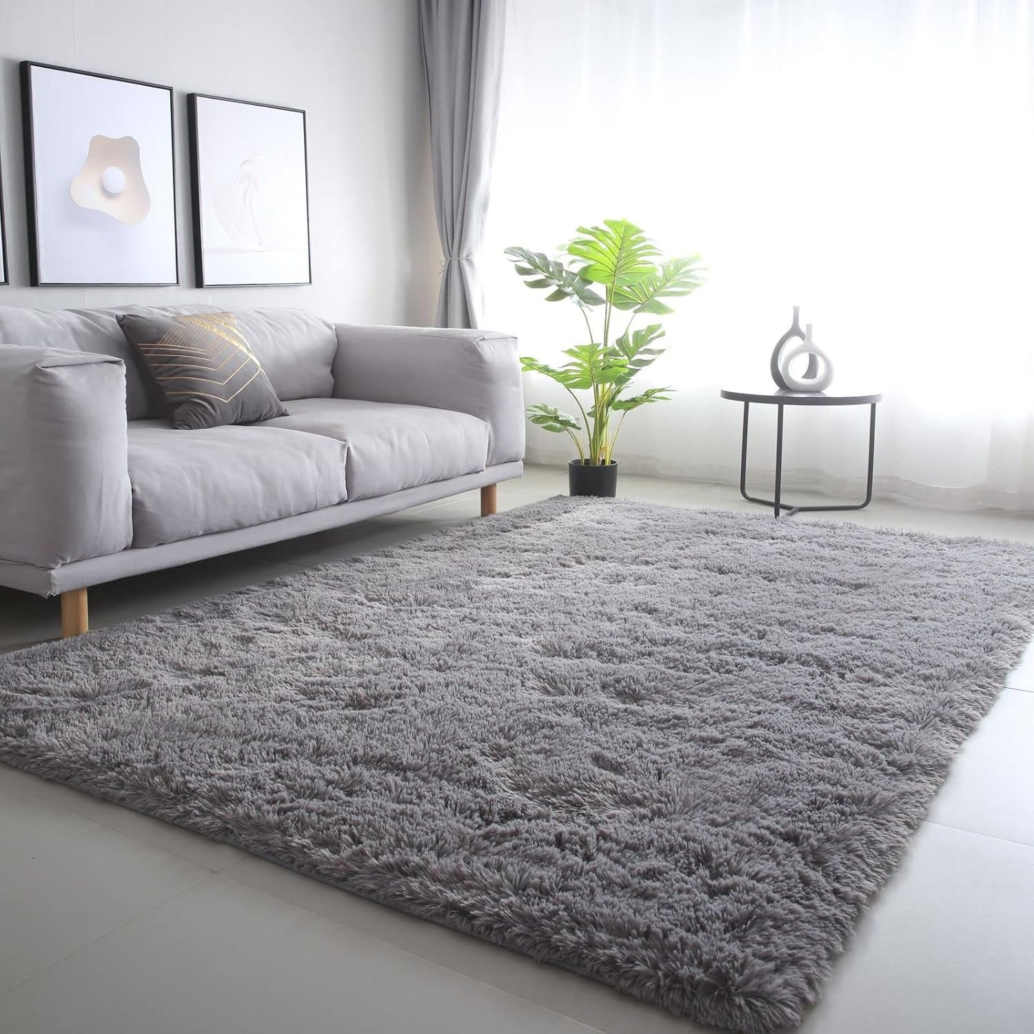 Grey Area Rug for Living Room: Indoor Ultra Soft Shag Plush Rugs for Bedroom – N