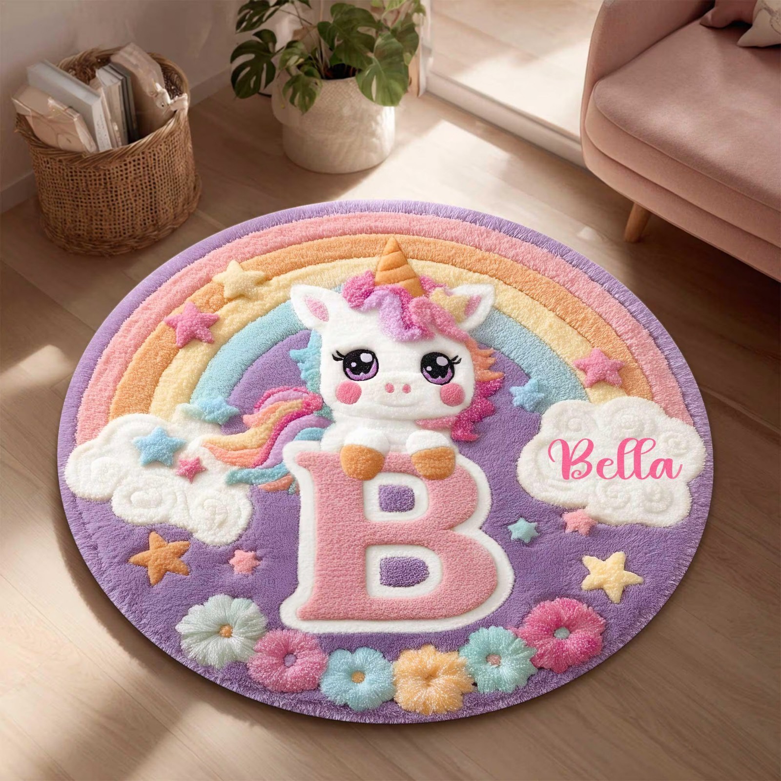 Personalized Unicorn Round Rug Cute Rainbow Nursery Rug Custom Girls Room Gift