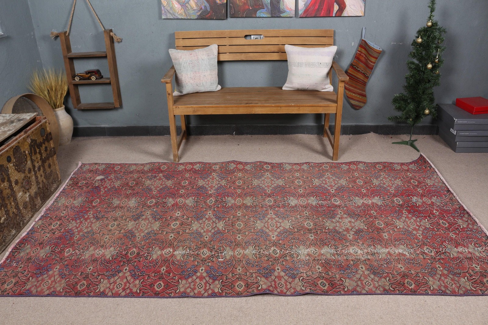 4,5×8,6 ft Vintage Area Rug, Red Blue Turkish Floral Wool Rug