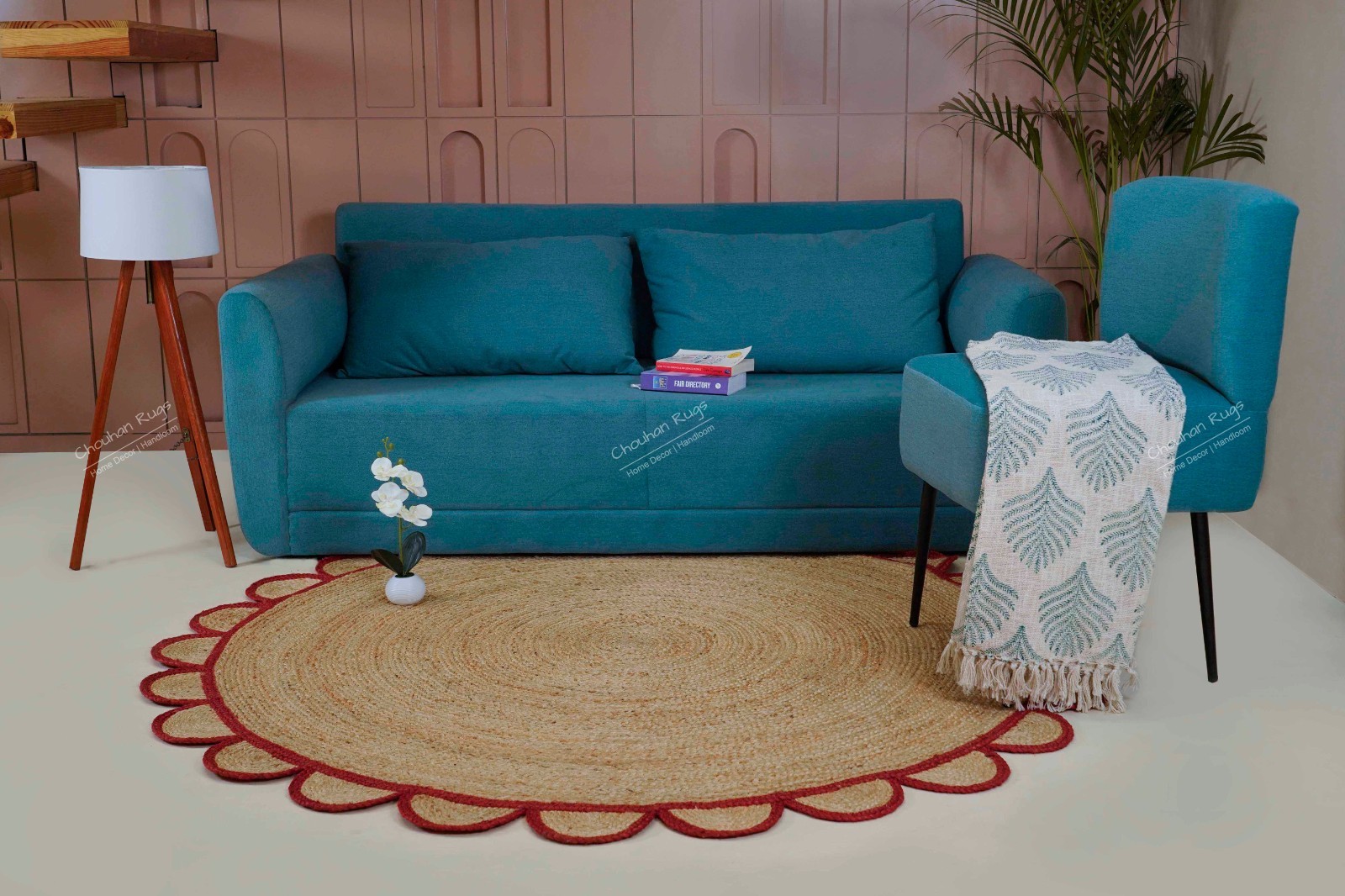 Hand Braided Scallop Jute rug with red border Vintage Home and Floor Decor Rugs