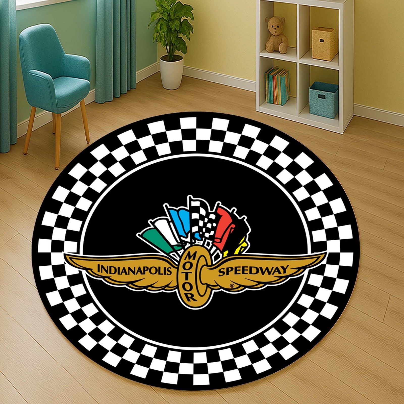 Indianapolis Speedway Decor, Indy 500 Mat, Motorsport Checkered Rug, Car Fan