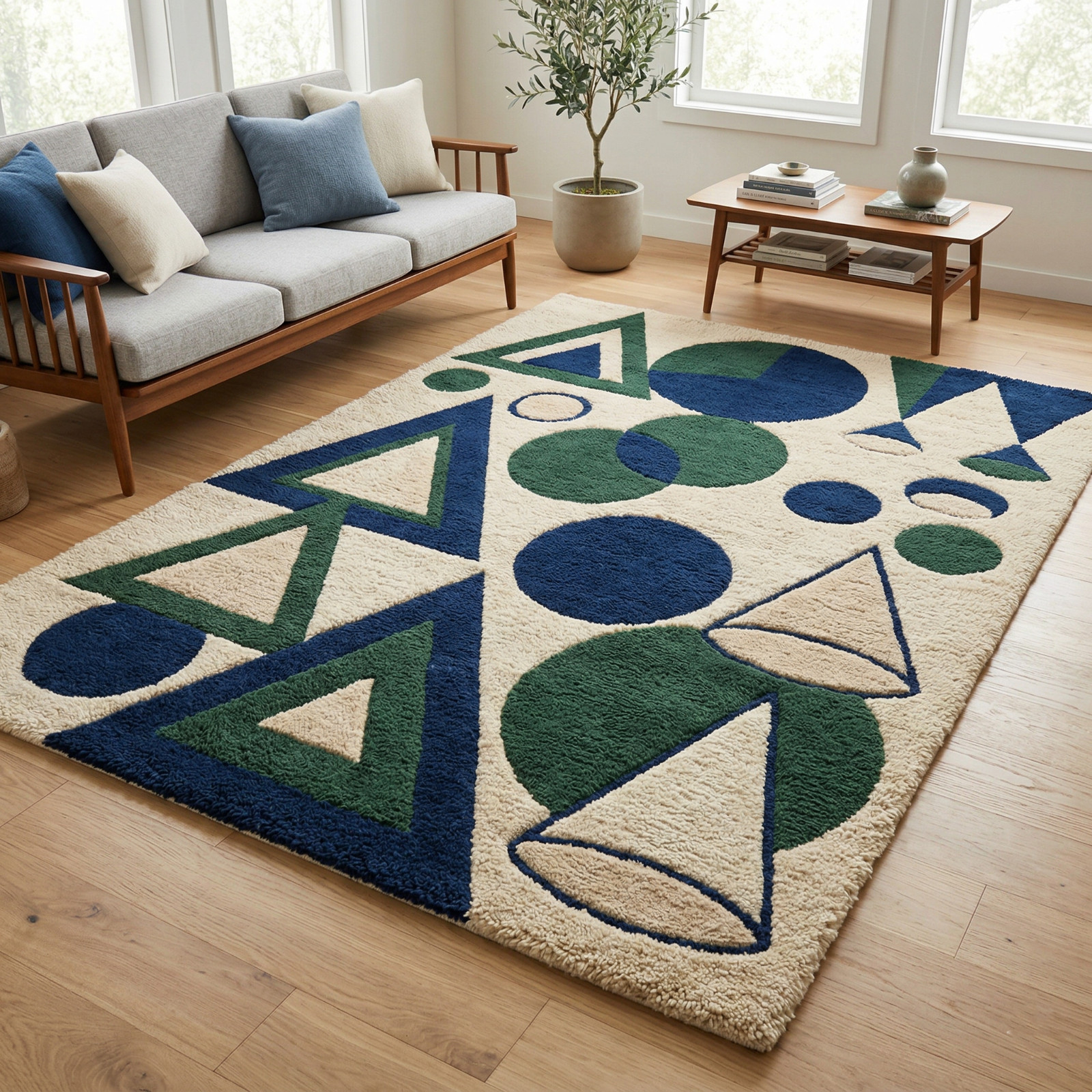 9×12 Hand Tufted Wool Area Rug Navy Green Geometric Modern Carpet Living Room