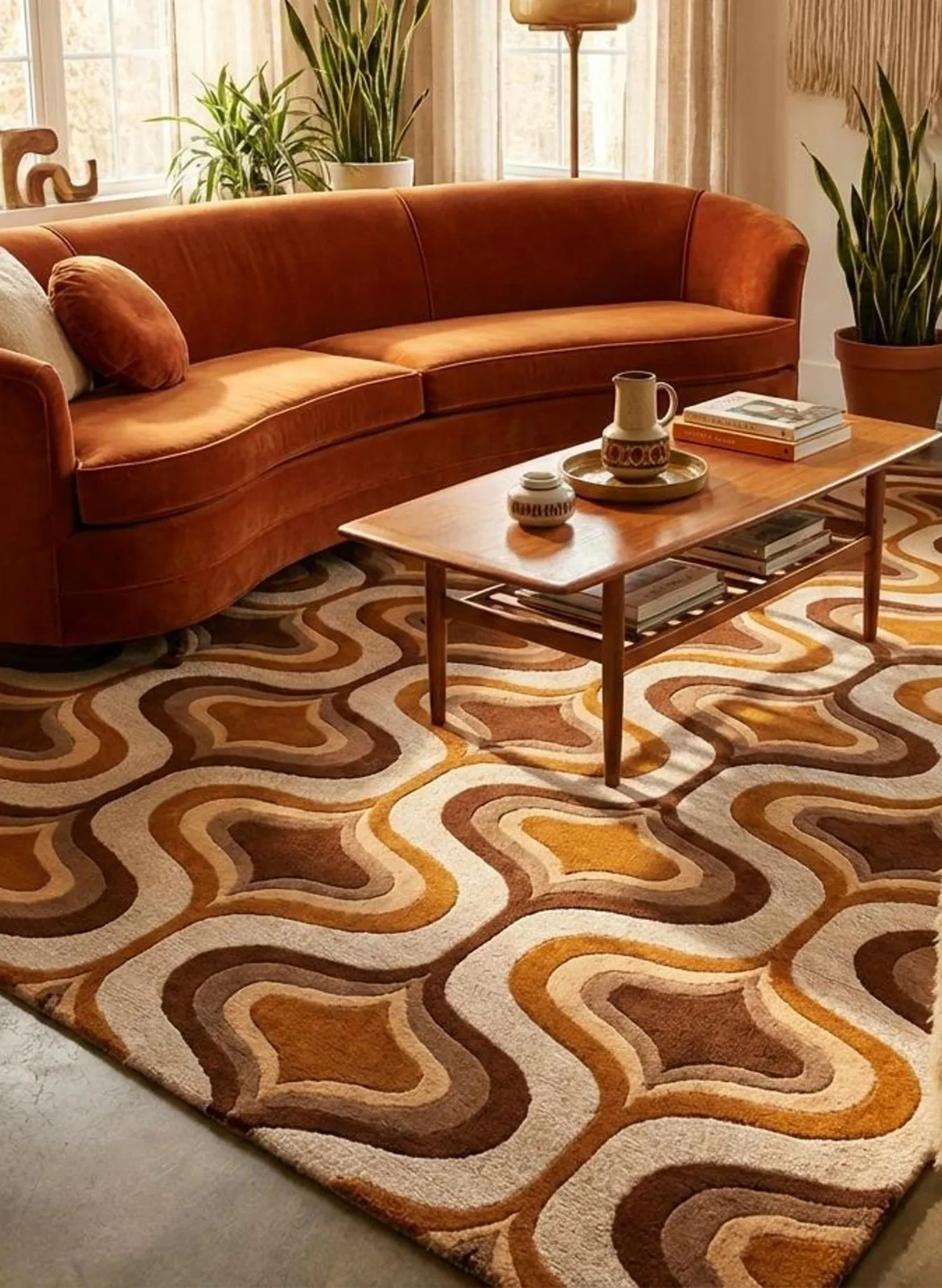 Retro 70s Abstract Rug, Mid Century Modern Area Rug, Brown Beige Wavy Carpet,