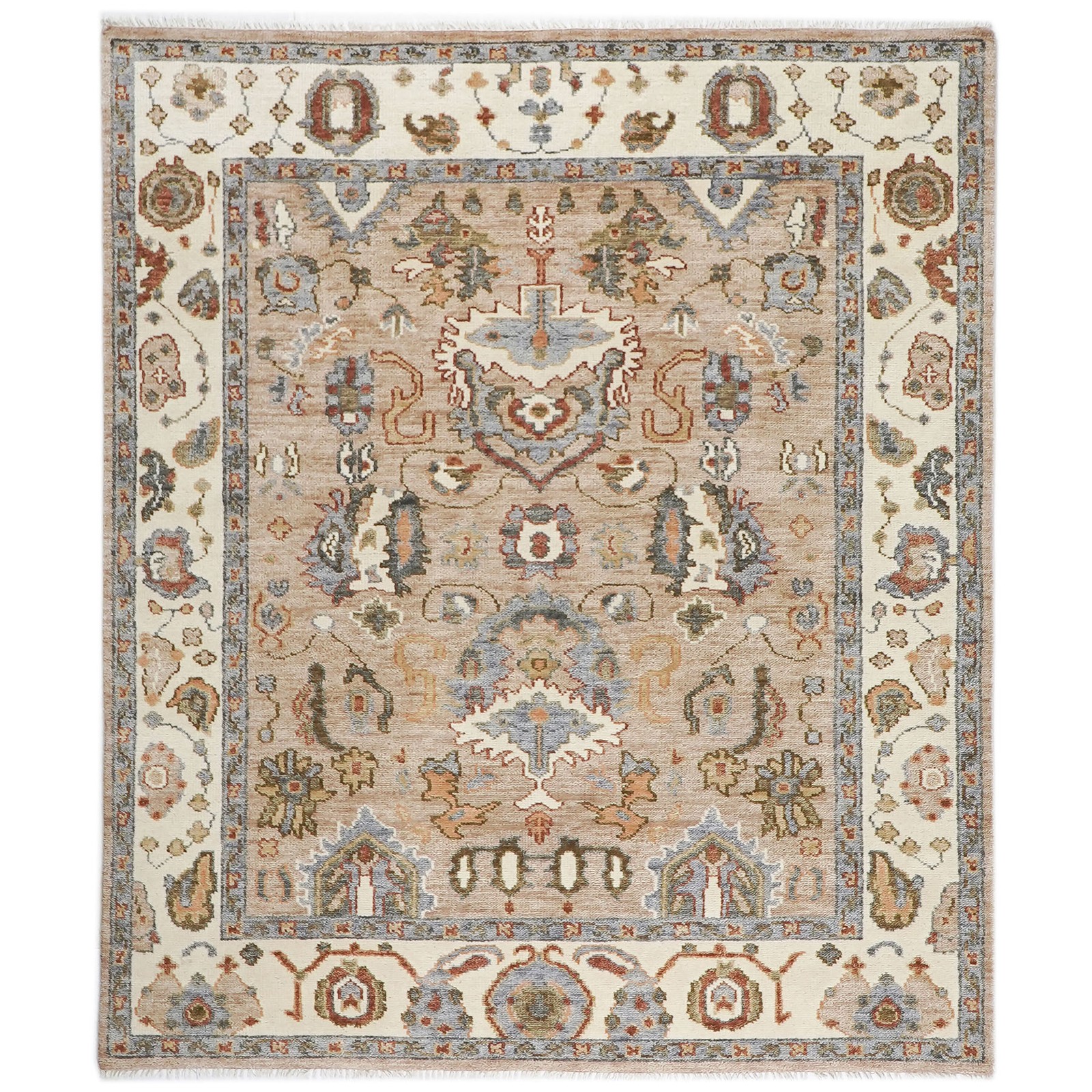 7’10”x10’1” Hand Knotted Wool Mocha, Ivory Oushak Arts & Crafts Rug