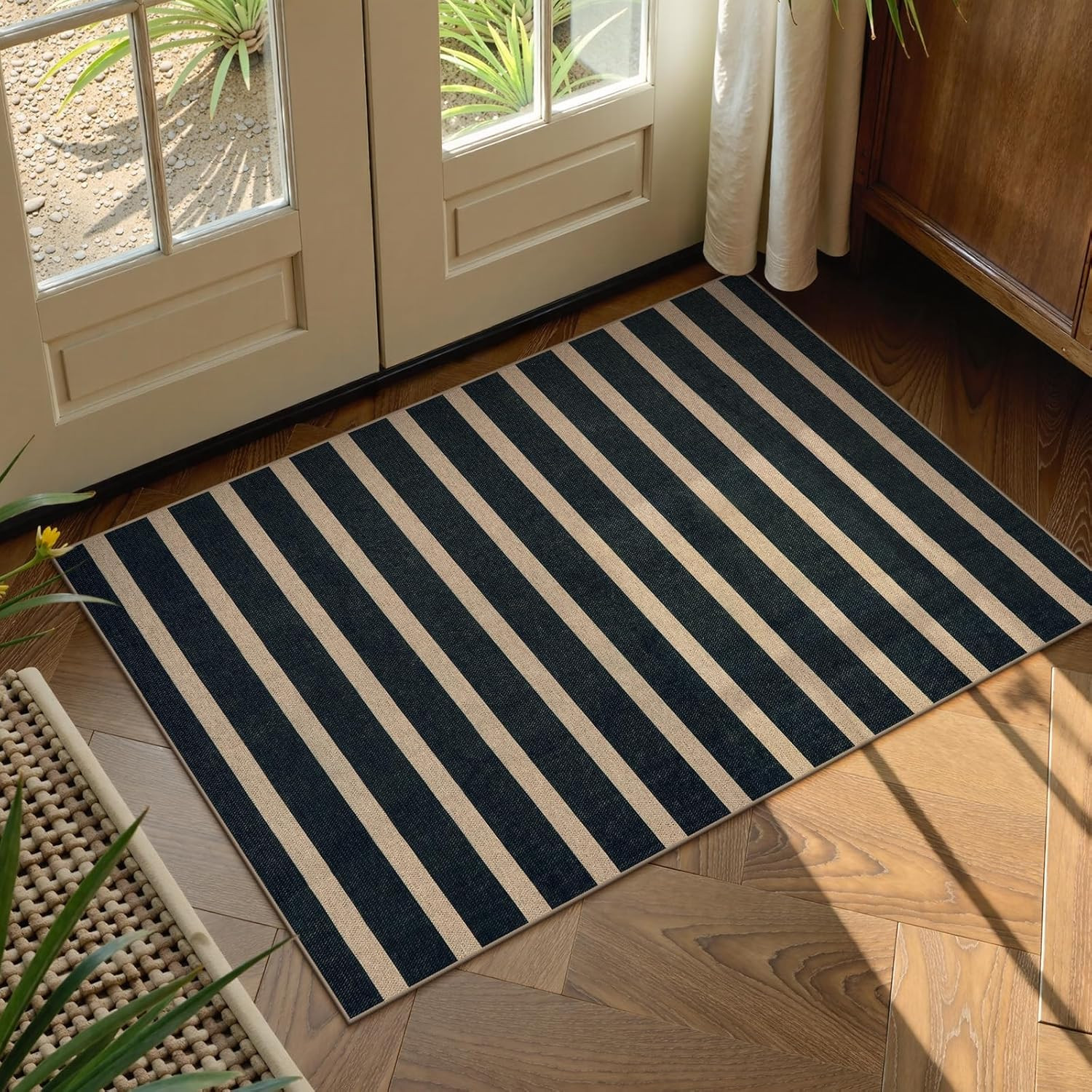 Striped Easy Jute Outdoor Patio Rug, 3X5 Washable Rugs for Entryway Porch, Farmh