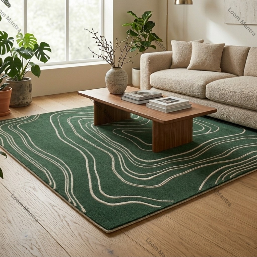 Hand Tufted Wool Rug, 8×10 Emerald Green Abstract Rug, Topographic Line Rug