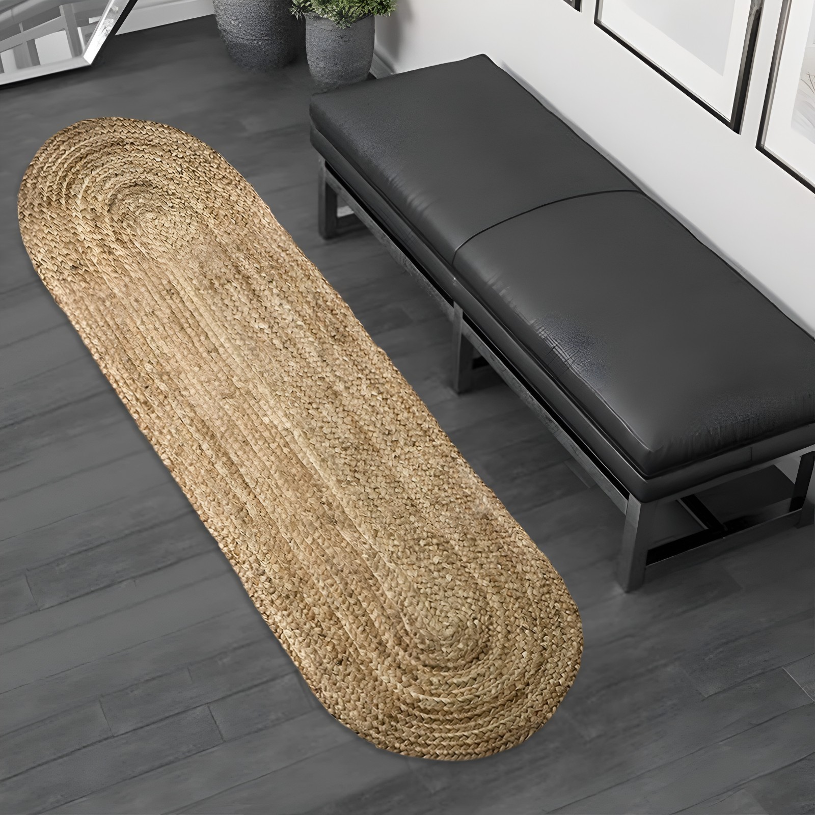 Natural Handwoven Jute Braided Oval Runner Rug Farmhouse Hallway Entryway Carpet