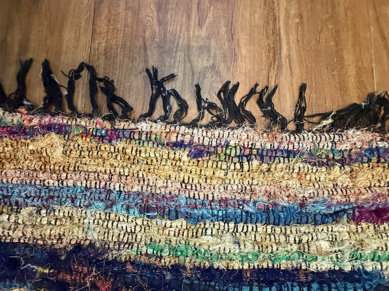 Vintage Handwoven Chindi Bohemian Rug 3×5 Multi w Metallic Yarn Accents Tassel 1