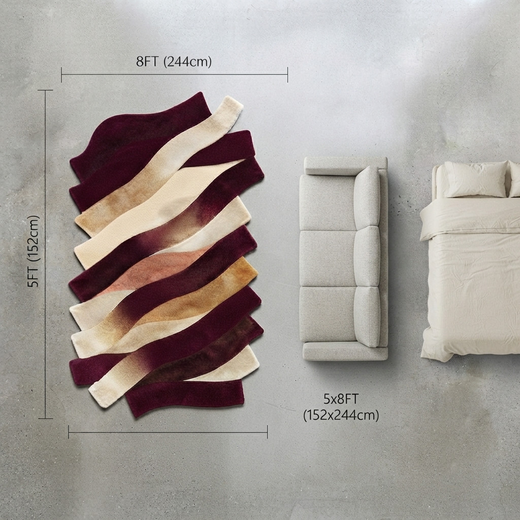 Modern Abstract Burgundy Wool Rug Hand Tufted Irregular Area Rugs Ivory Carpet