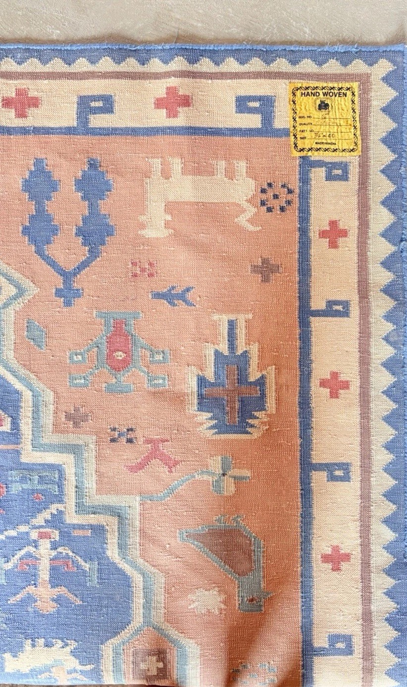 Vintage India Hand Woven 3×5 Area Rug Geometric Boho Tribal Oriental Blue