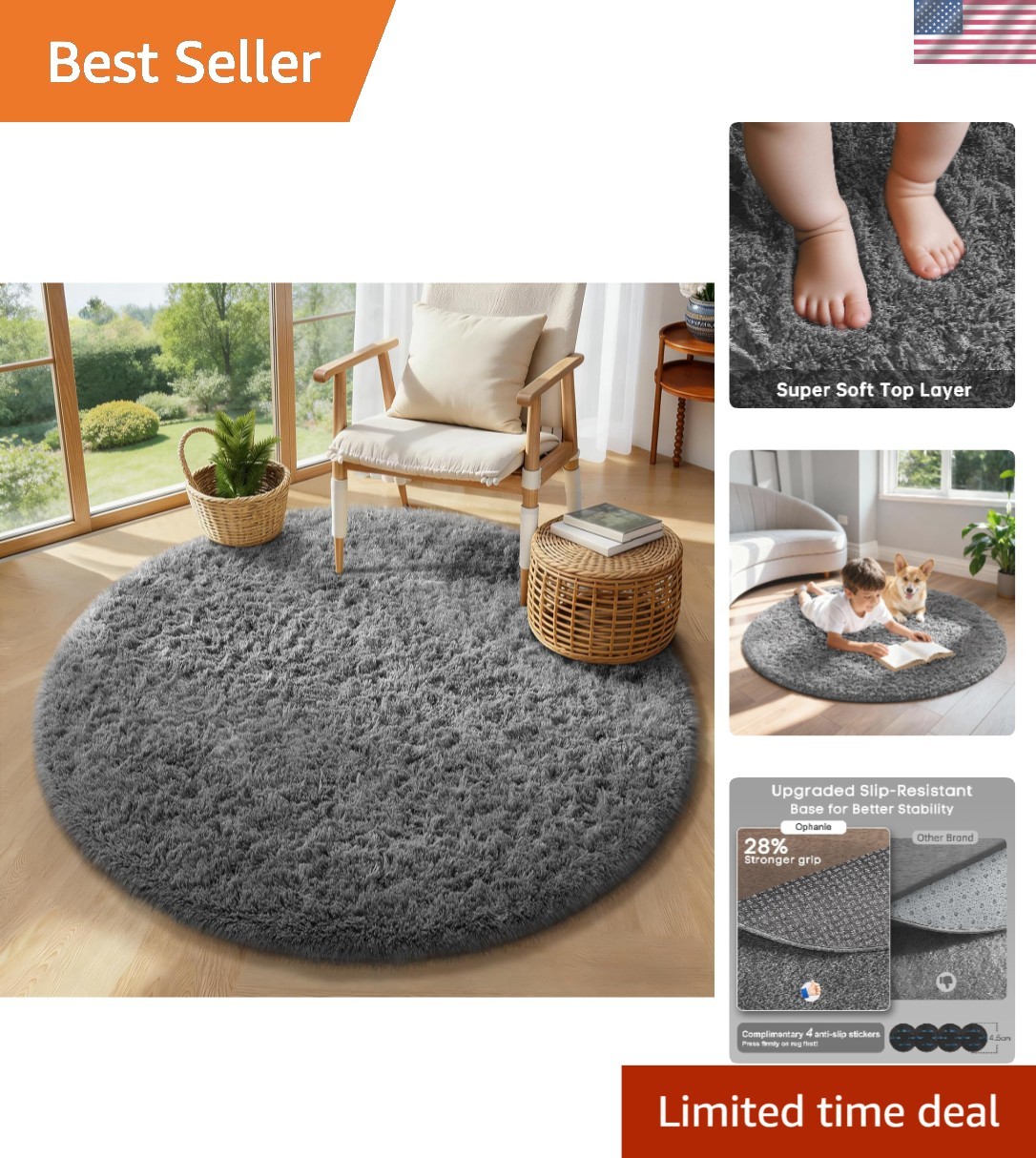 Round Rug 4Ft Grey Circle Area Rugs, Fluffy Fuzzy Small Bedroom Carpet 4 Foot…