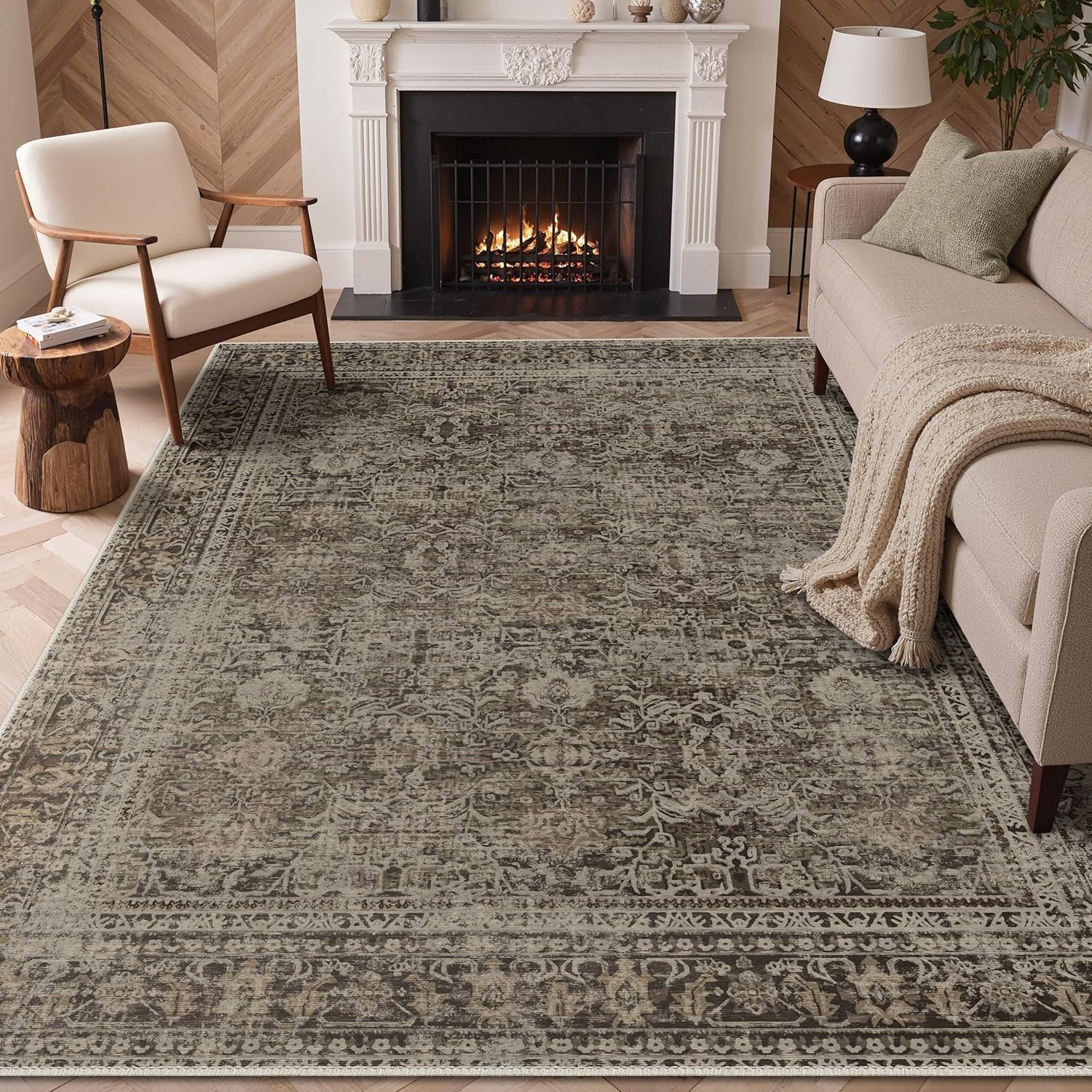 Classic Vintage Design 5×7 Area Rug – Floral Washable Low Pile for Home & Office