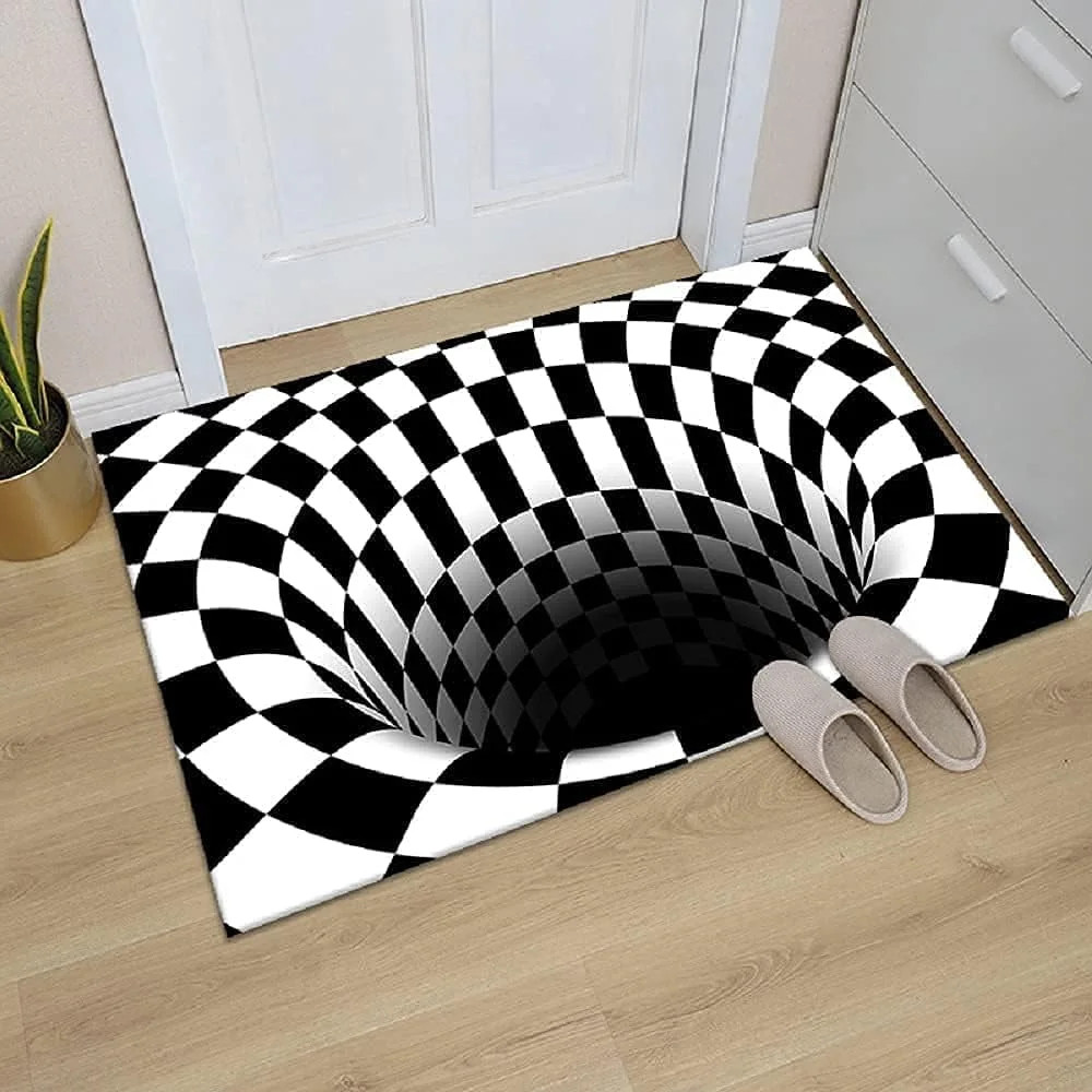 NUYKOUY 3D Visual Optical Floor Mat Black White Plaid Round Rugs Vortex Optic…