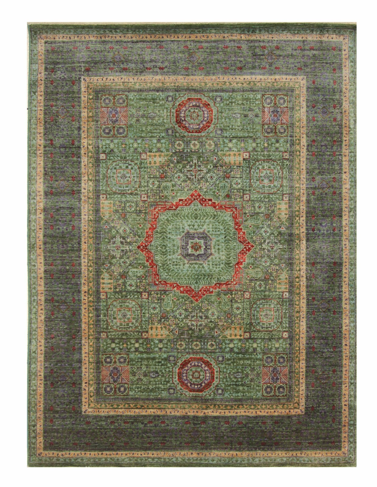 5×7 ft Green Mamluk Afghan Hand Knotted Wool Medallion Rug