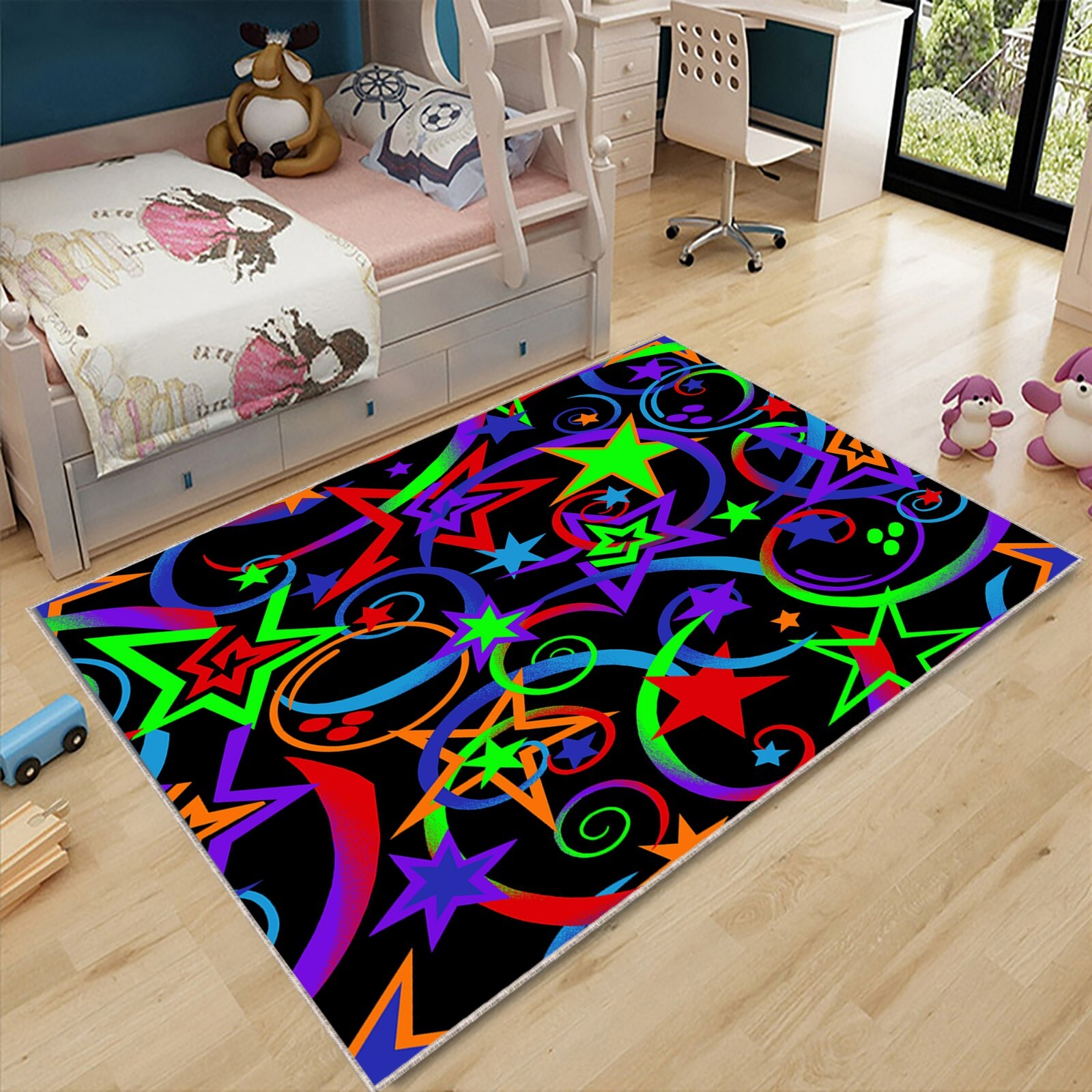 Neon Stars & Moons Rug, Glow-Inspired Colorful Carpet, Funky Cosmic Room Decor