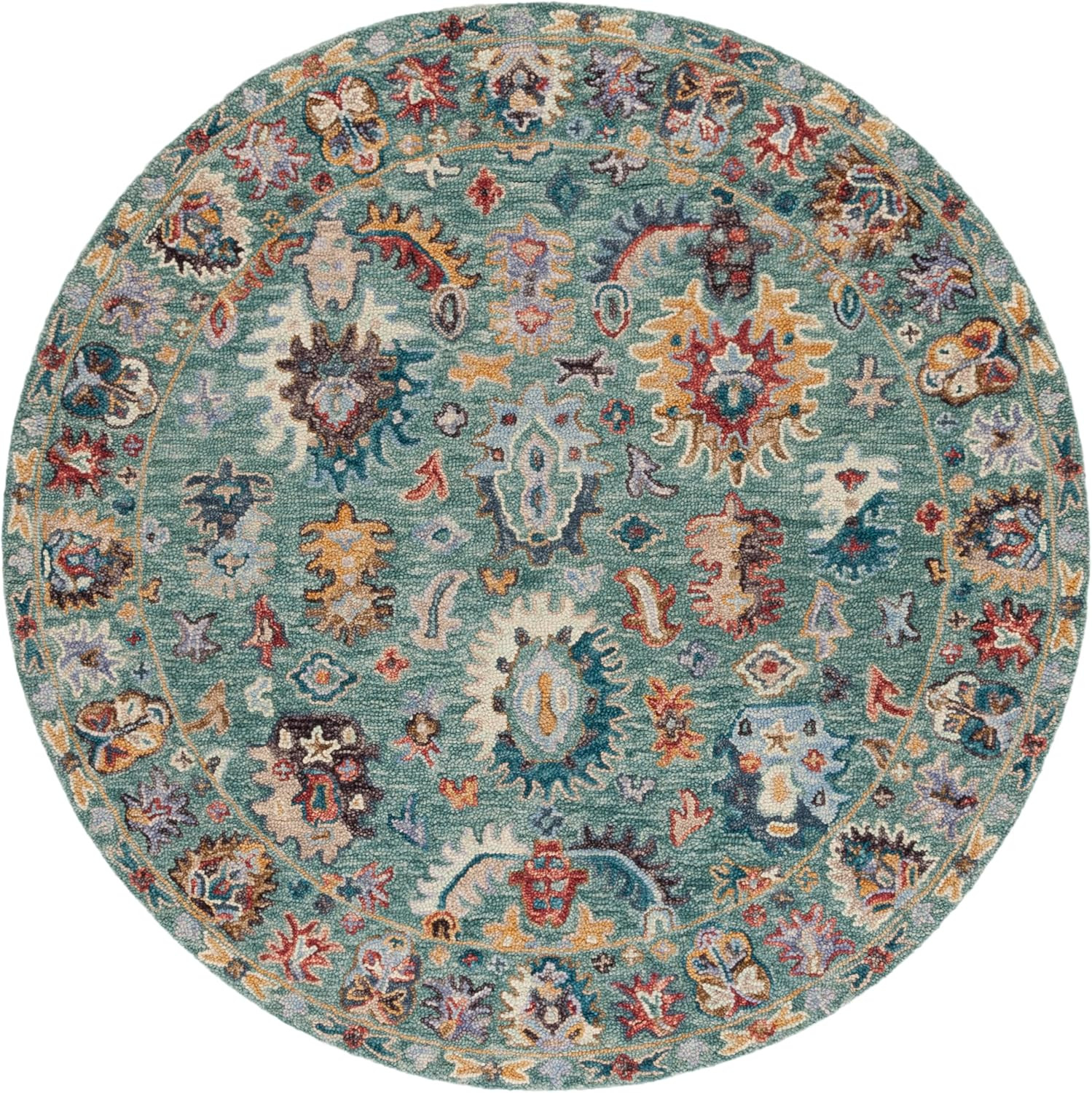 Blossom Collection 6′ Round Handmade Wool Area Rug – Blue & Rust Floral Design