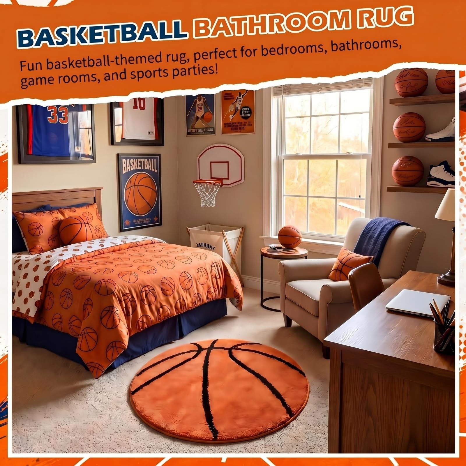 Basketball Rug Non Slip Soft Mat Washable Orange 25.5×25.5 Inch Area Decor