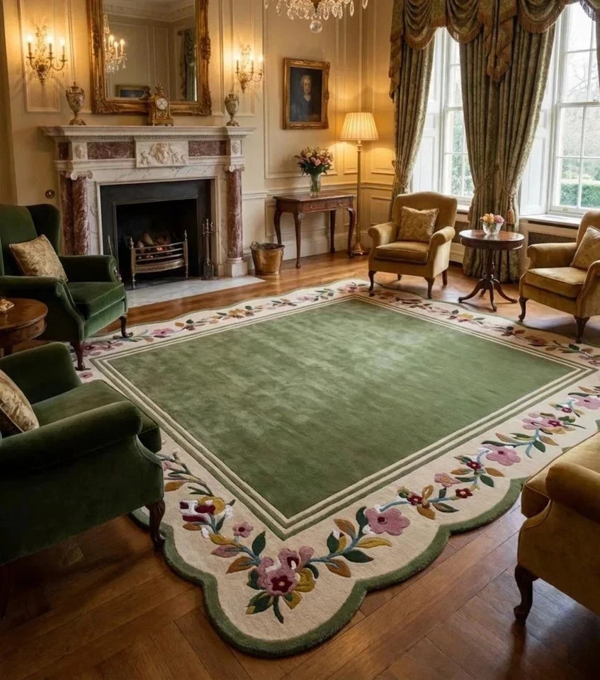 Luxury Hand Tufted Green Floral Border Area Rug – Premium Wool Carpet for Living