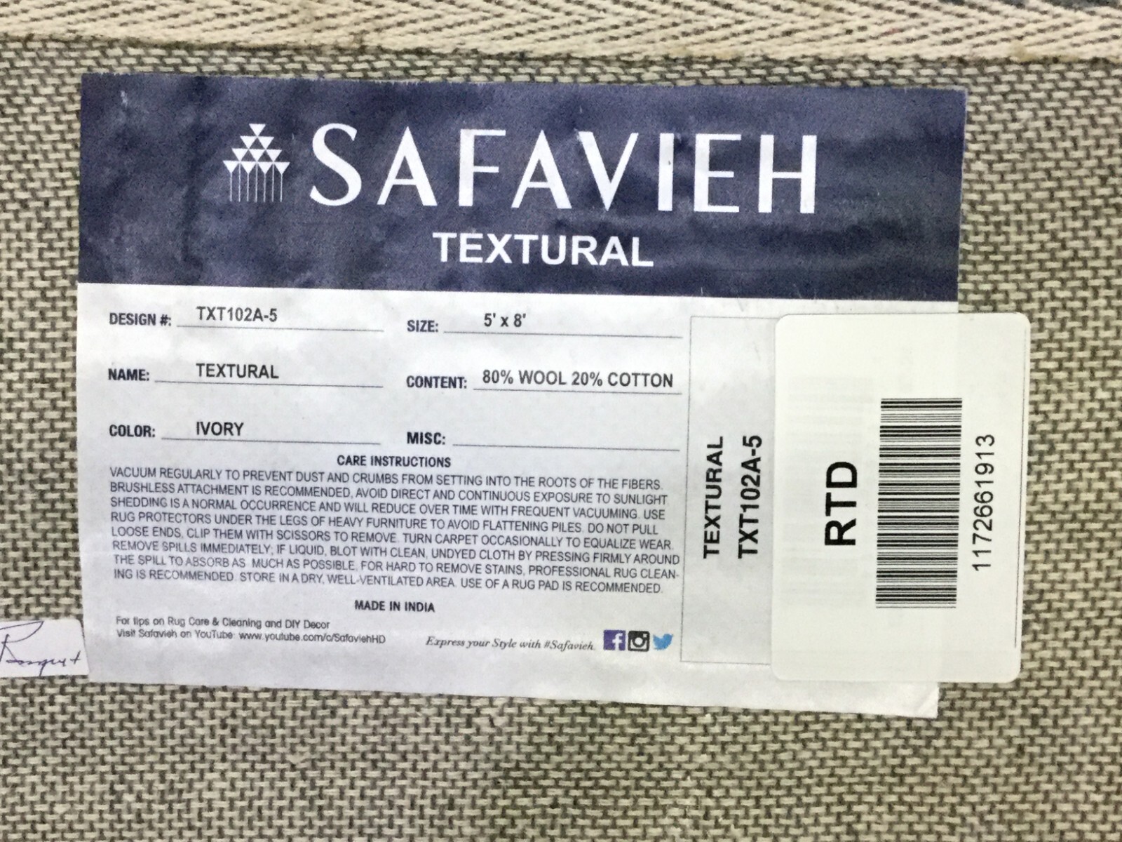 IVORY 5′ X 8′ Flaw in Rug, Reduced Price 1172661913 TXT102A-5