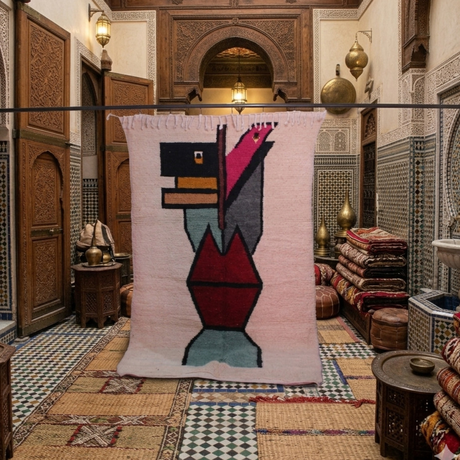 Modern Abstract Totem Moroccan Rug – Handmade Pink & Teal Berber Art -Ready Ship