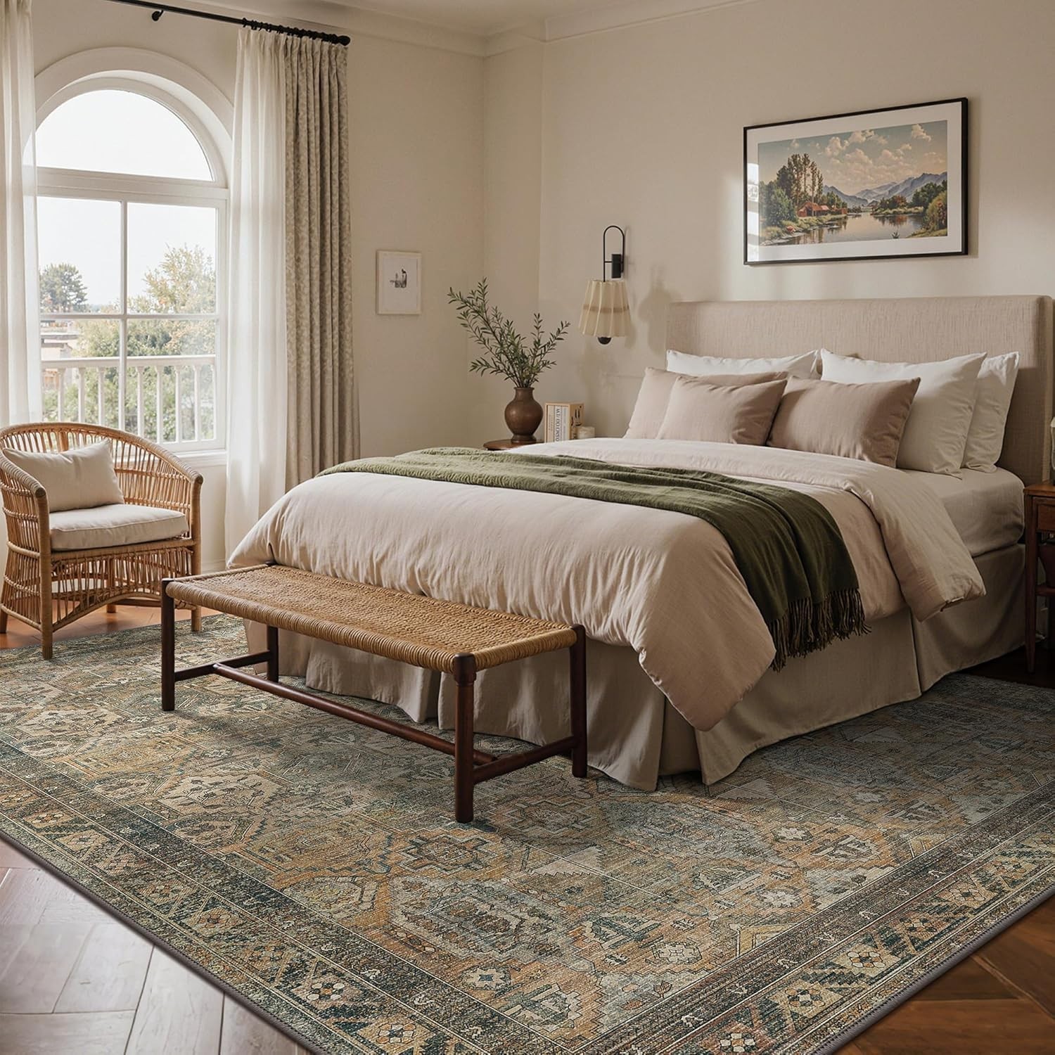 8×10 Vintage Floral Area Rug – Machine Washable Non Slip Chenille in Warm Taupe