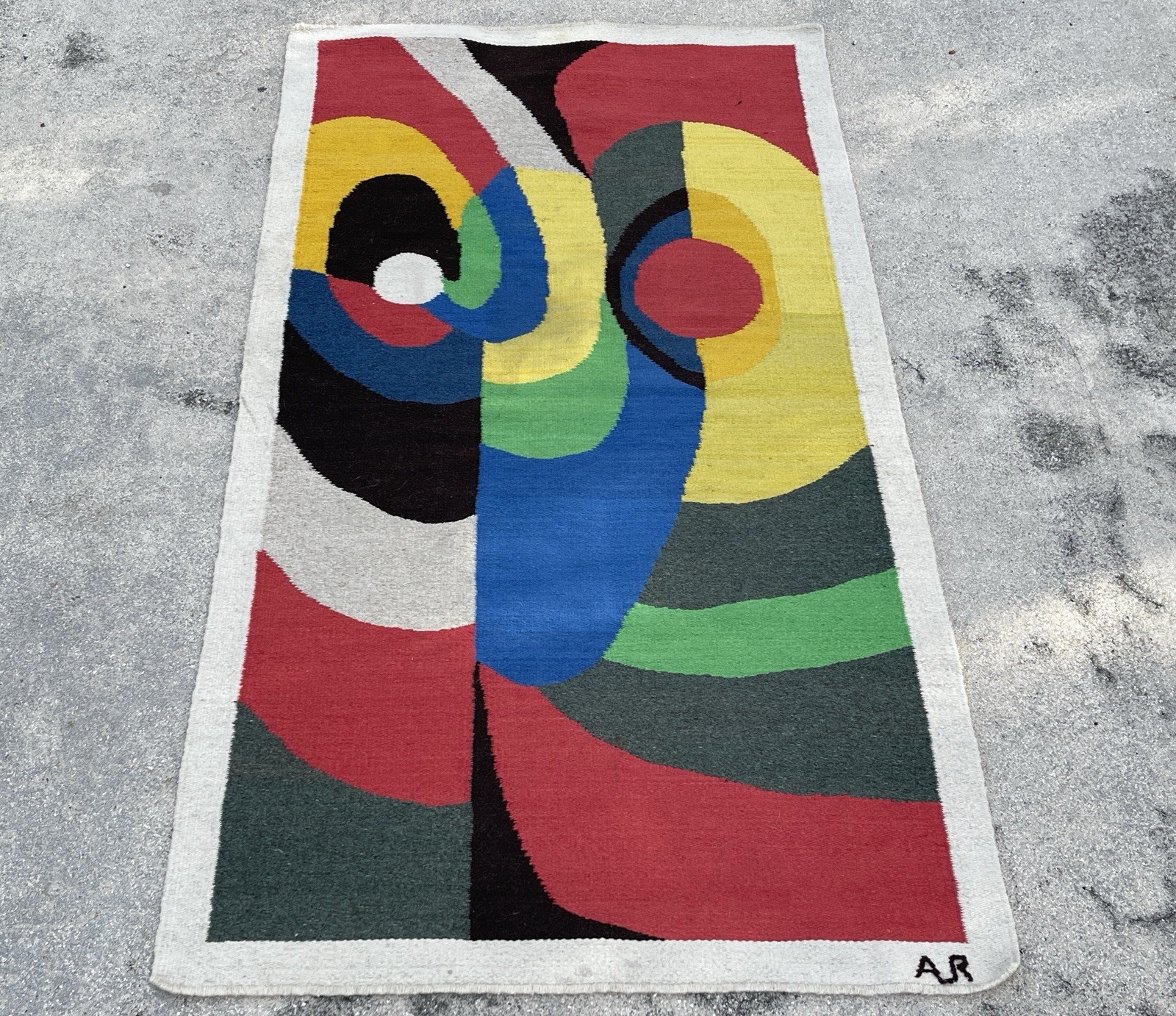 Signed AR Hand Woven Abstract Wool Area Rug Mid Century 36×66