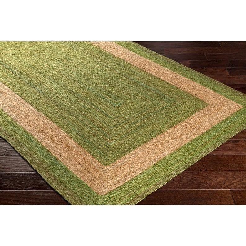 Handmade Green and Natural Jute Rectangular Area Rug Eco-Friendly Floor Mat Rugs