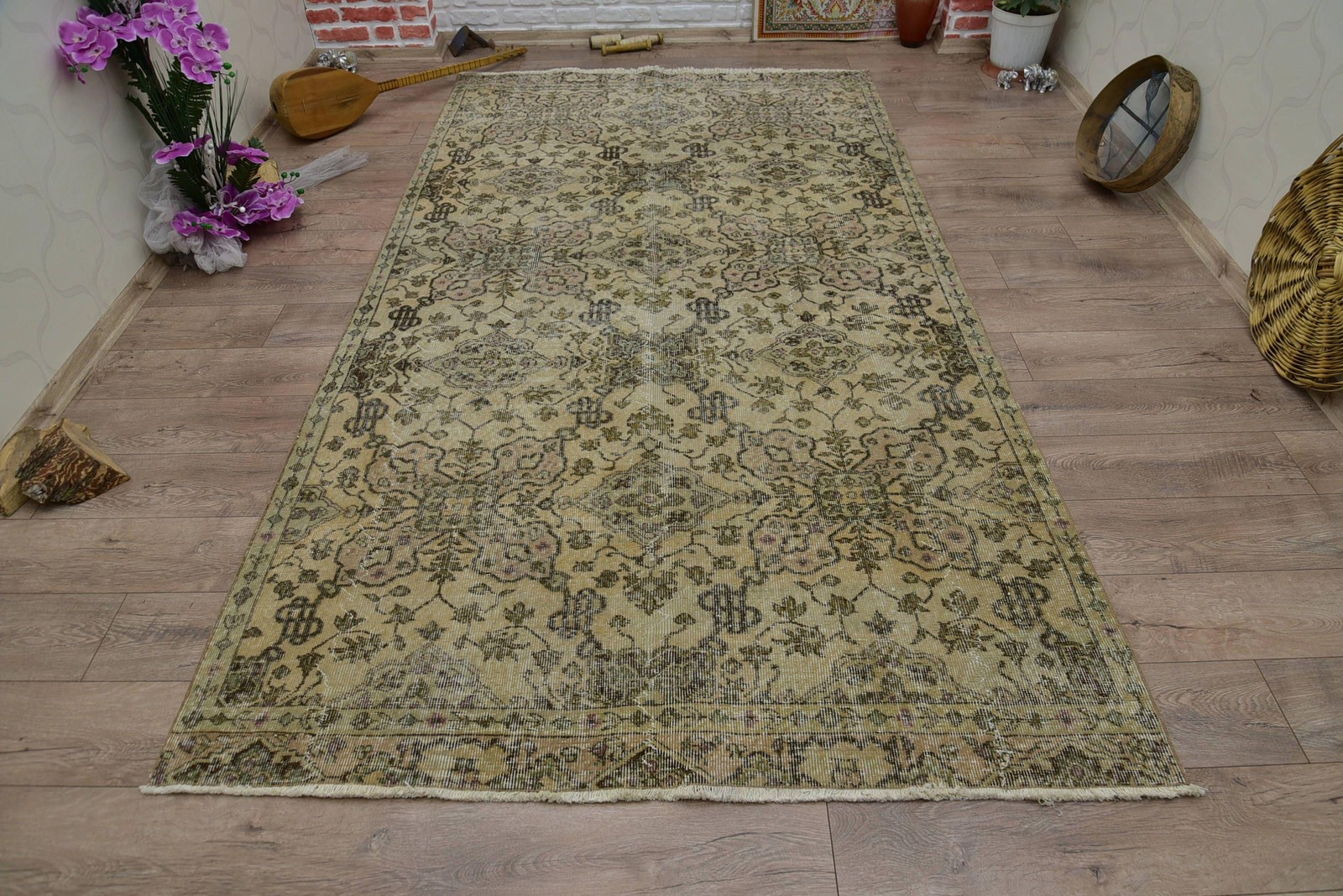 Turkish Rug, 5,2×9,4 ft Vintage Rug, Beige Solid Wool Rug