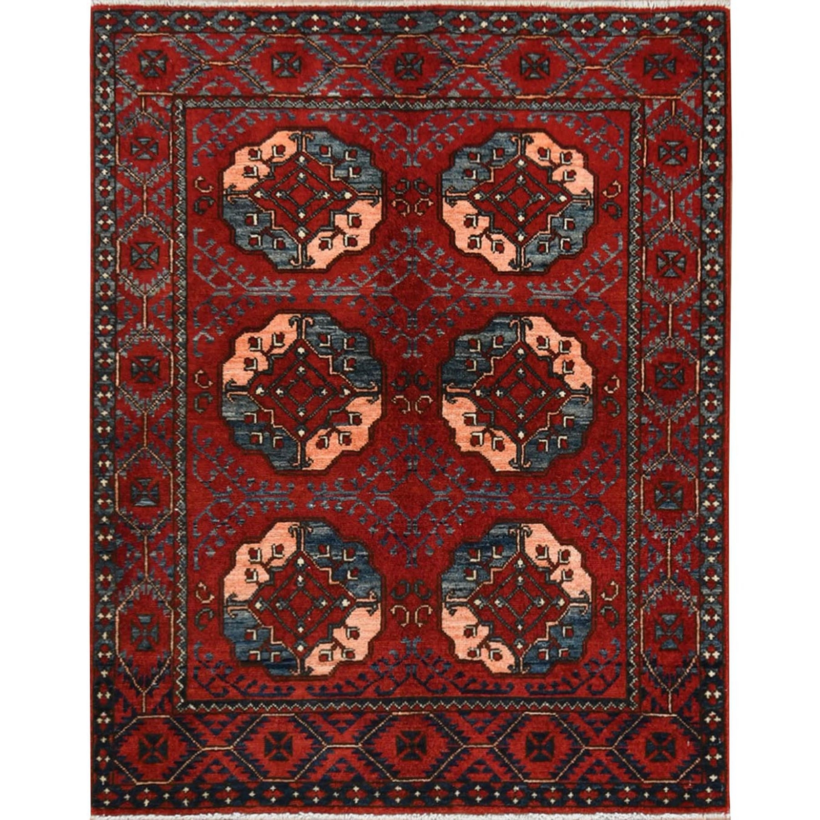 3’5″x4’4″ Red Afghan Ersari Elephant Feet Design Wool Hand Knotted Rug R60002