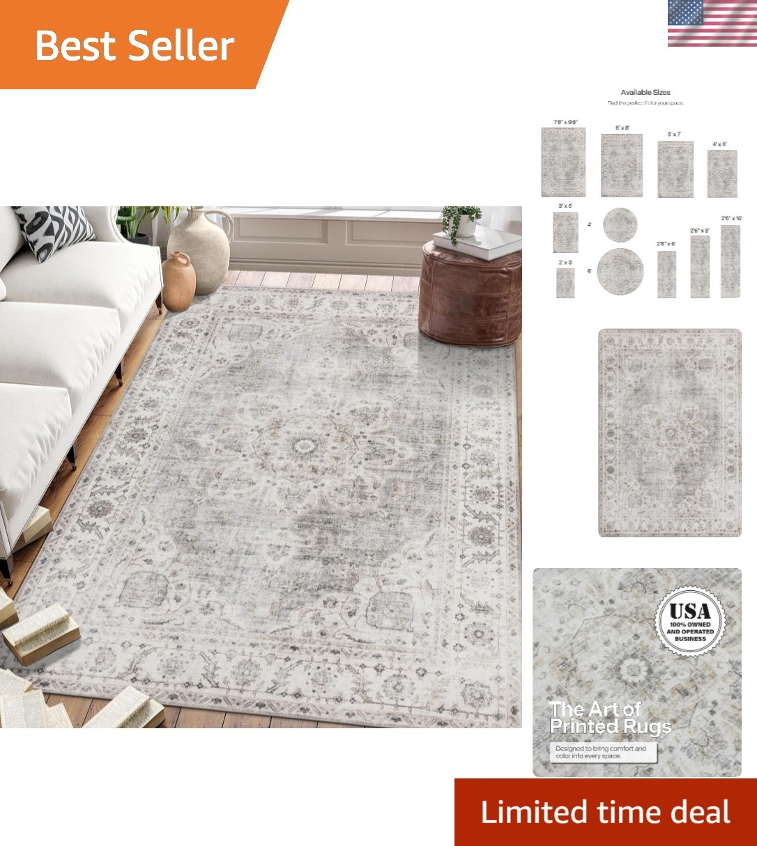 Pet Friendly & Eco-Friendly Area Rug, 3′ x 5′ Machine Washable Medallion Design