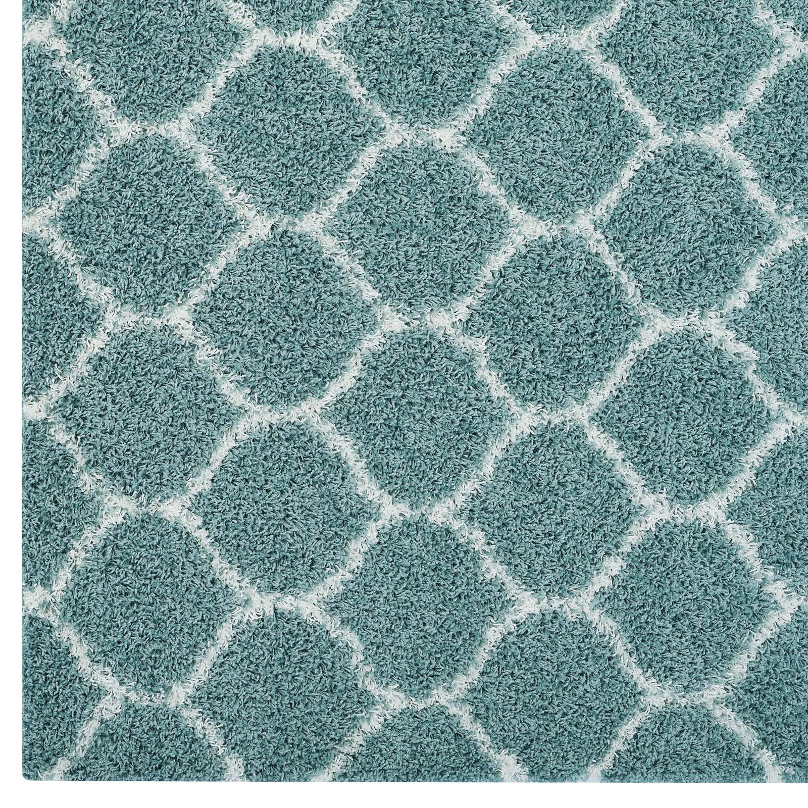 Modway Solvea Moroccan Trellis 5×8 Shag Area Rug in Aqua Blue and Ivory