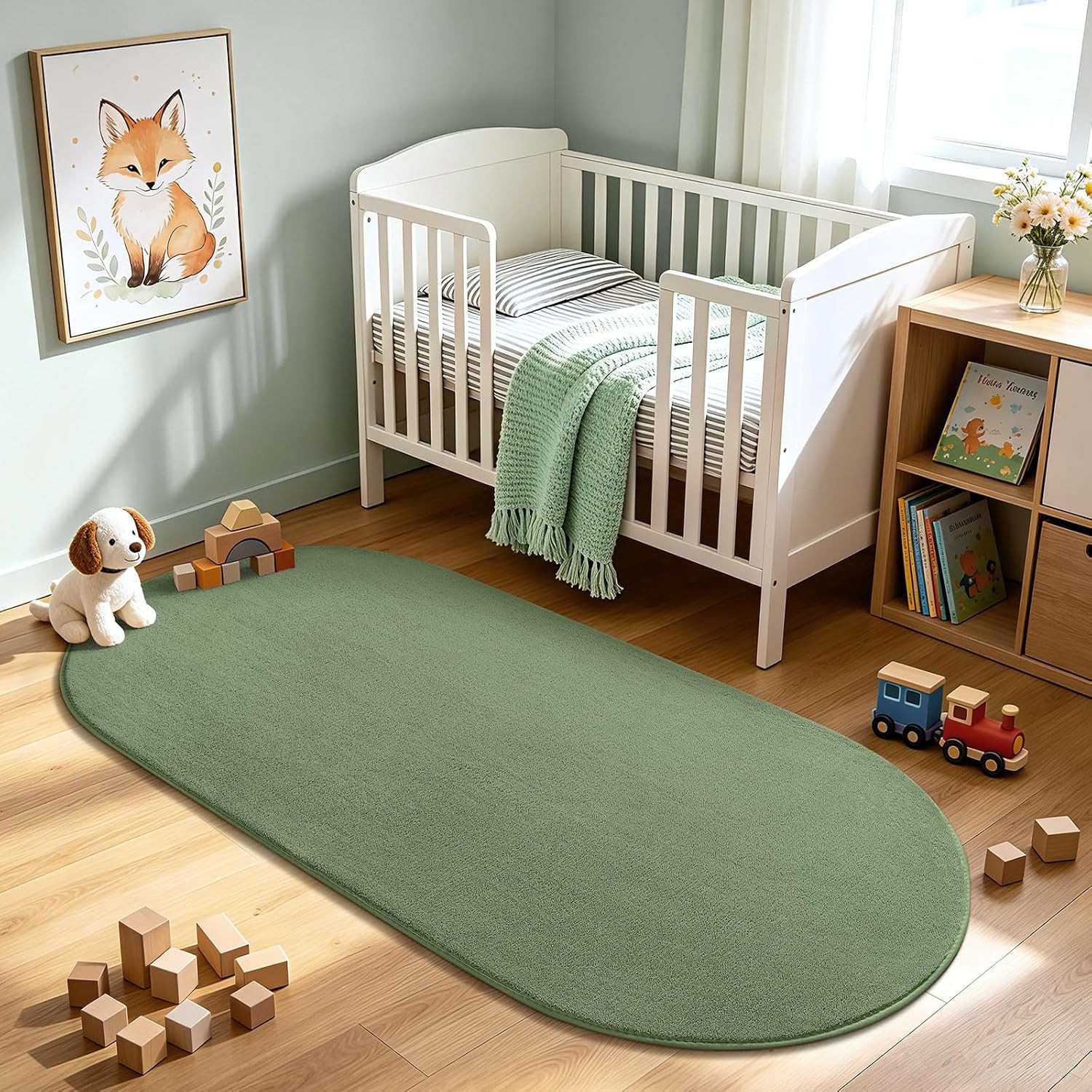 Soft Oval Bedroom Rug 2.6 X 5.3, Sage Green Non-Slip Washable Carpet | Thickened