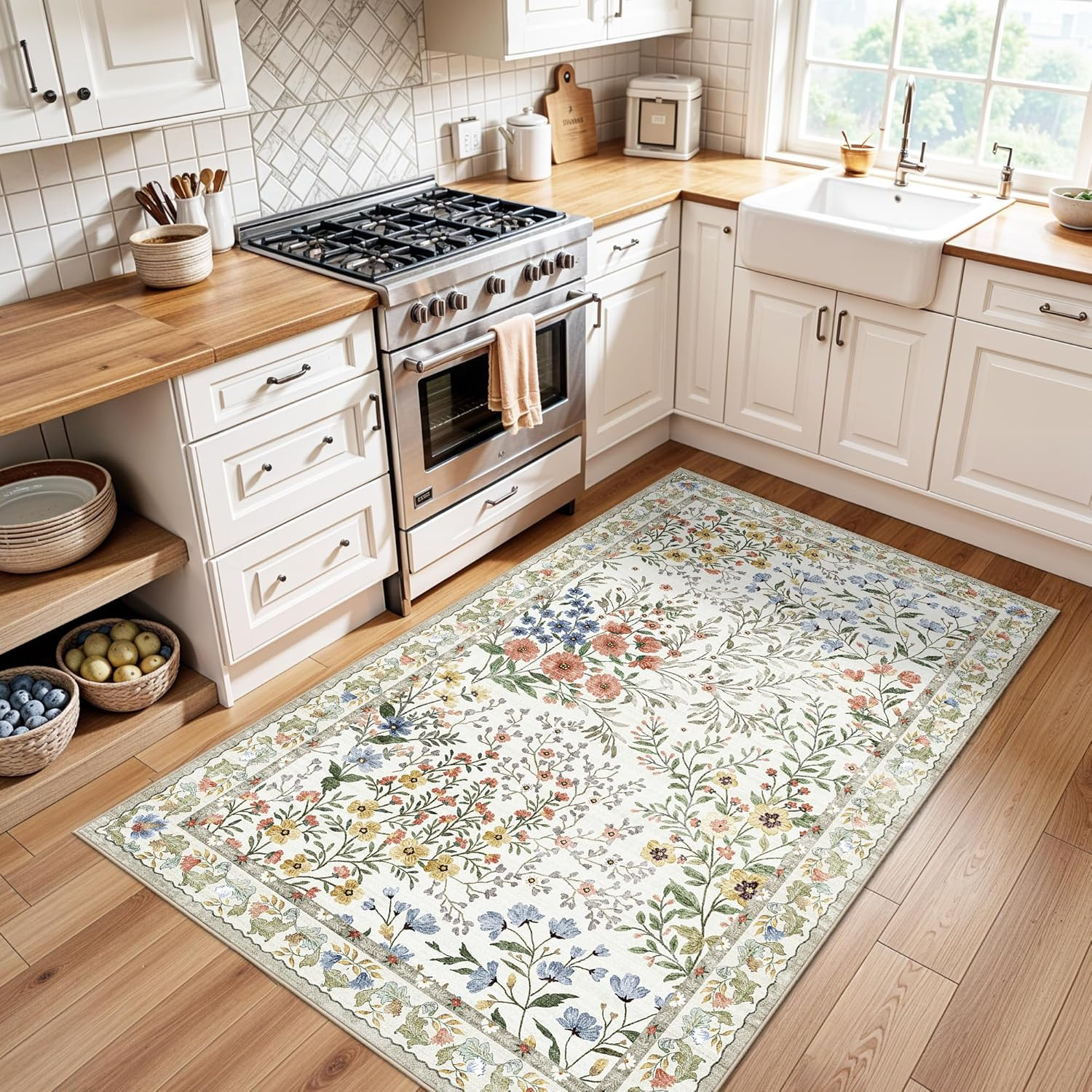 3X5 Washable Entryway Area Rug: Non Slip Floral Washable Entry Rug Living Room A