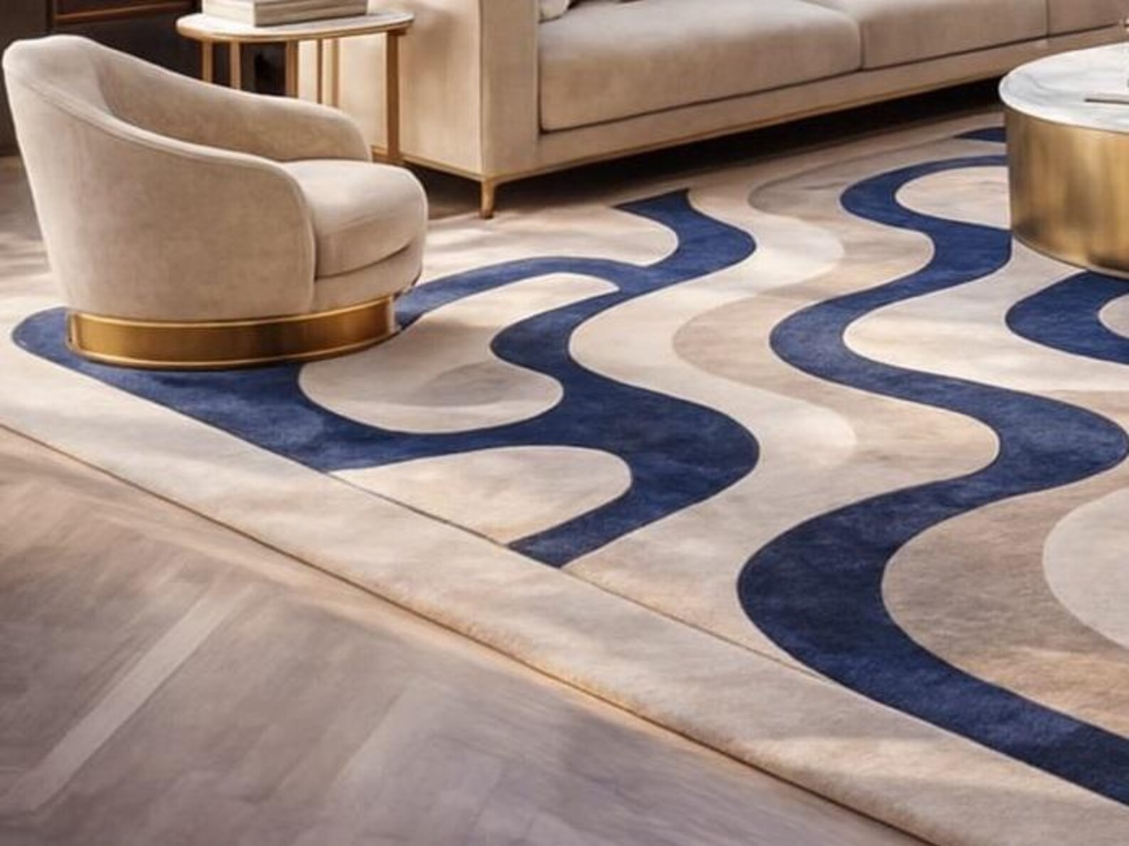Abstract Wool Area Rug – Hand-Tufted Scandinavian Beige Cream Navy Rug 9×12|6×9