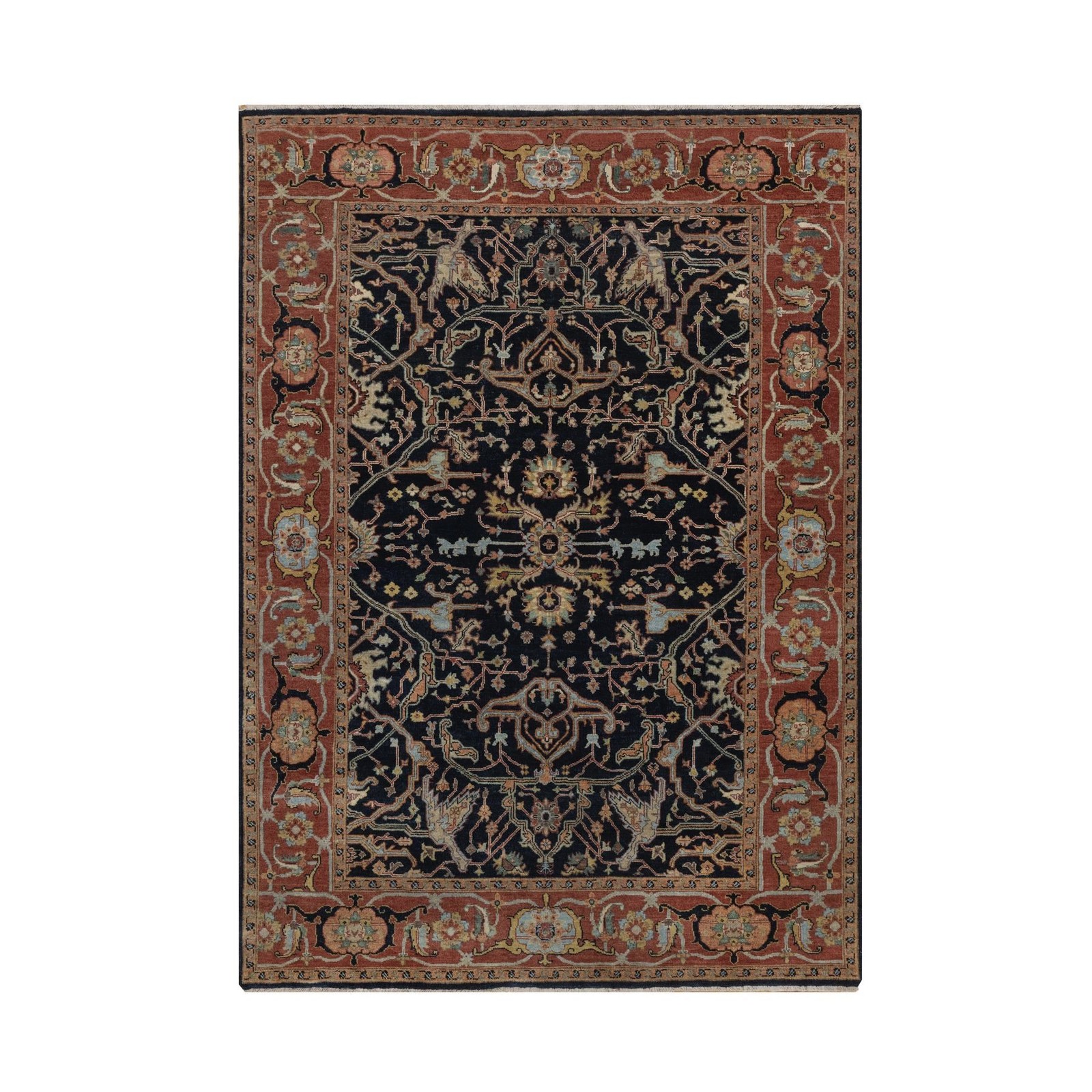 5’1″x7’1″ Navy Blue Antiqued Fine Heris Re-Creation Wool Hand Knotted Rug R92418