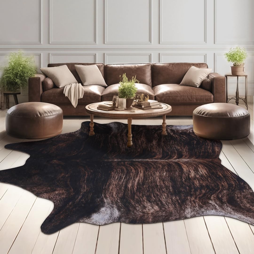 Faux Cowhide Cow Print Rug 4.6×5.2 Feet Black Brown Animal Print Area Carpet