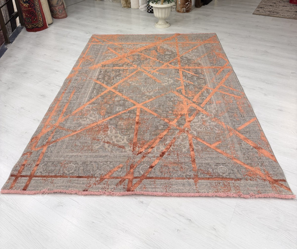 Turkish Bamboo Area Rug 7×10 Modern Abstract Large Living Room Carpet Gray Coppe