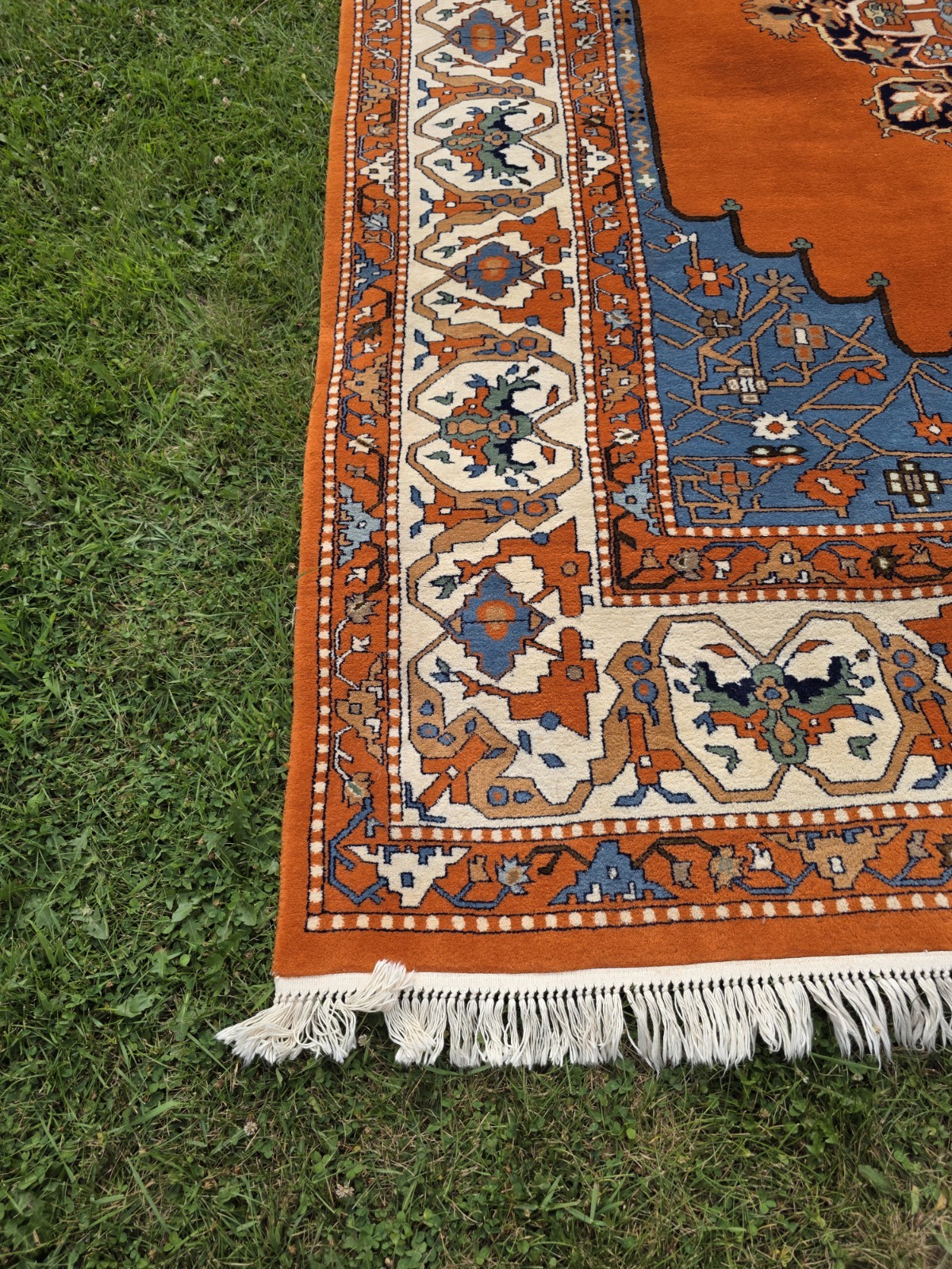Heavyweight Vintage 9×12 Wool Area Rug Rust Orange Slate Blue Medallion Serapi S