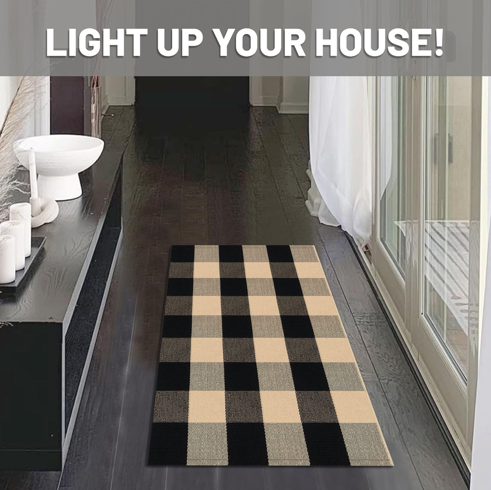 2×3 Buffalo Plaid Rug, Washable Outdoor Door Mat, Tan Black
