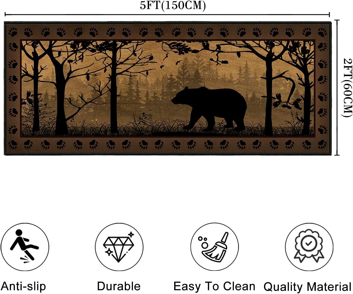 Rustic Rugs for Bathroom,Bear Country Cabin Wildlife Runner Rug 2×5 Rugs for Hal