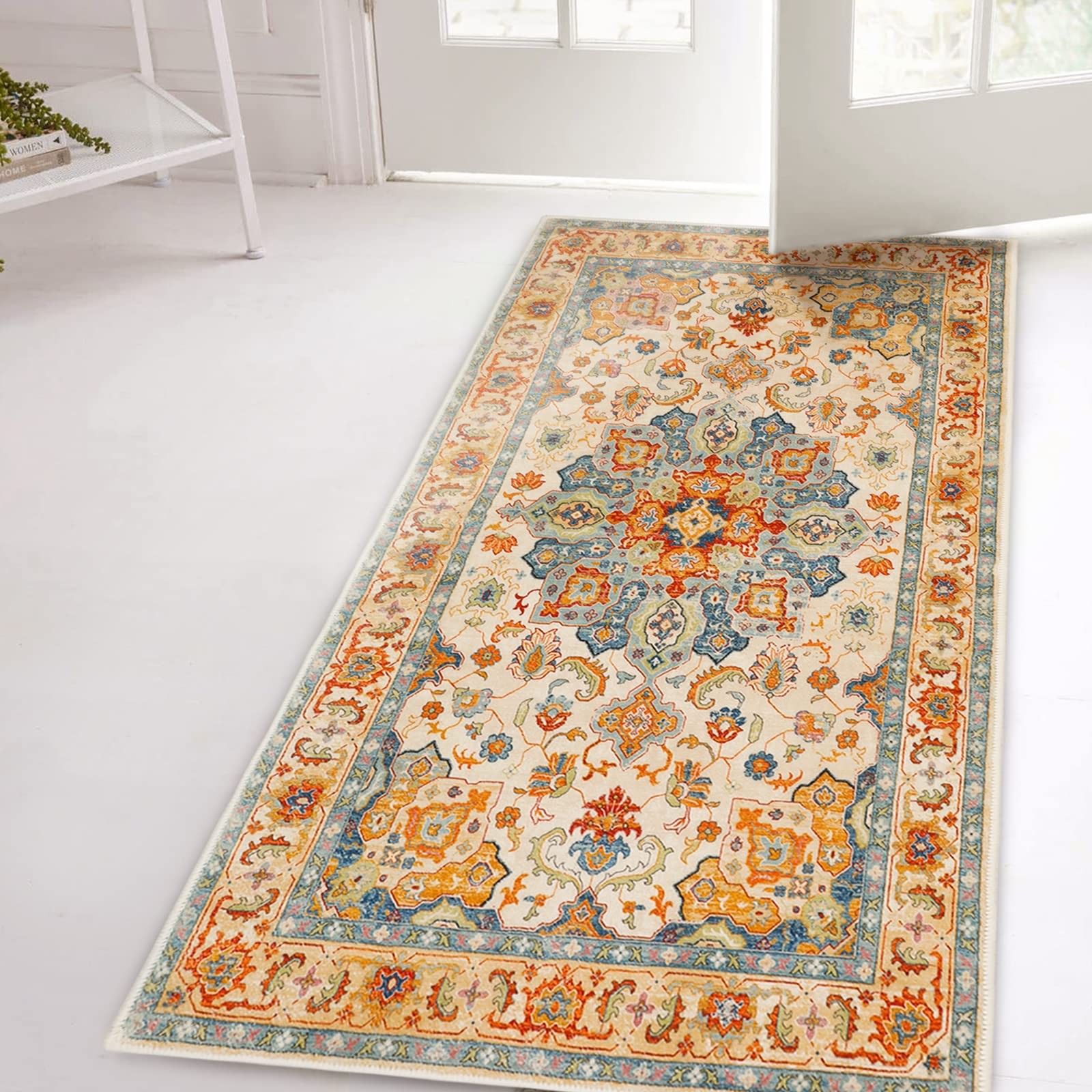 Boho Distressed Area Rug 2′ x 4′, Machine Washable Faux Wool Non-Slip Small R…