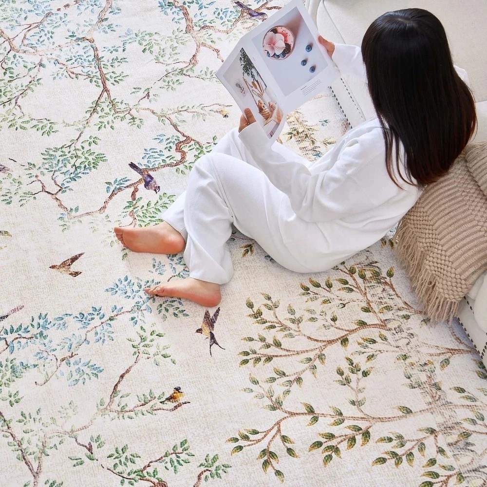 Round Rugs 4ft Ivory Botanical Birds Print Machine Washable 4′ Circle Nature …