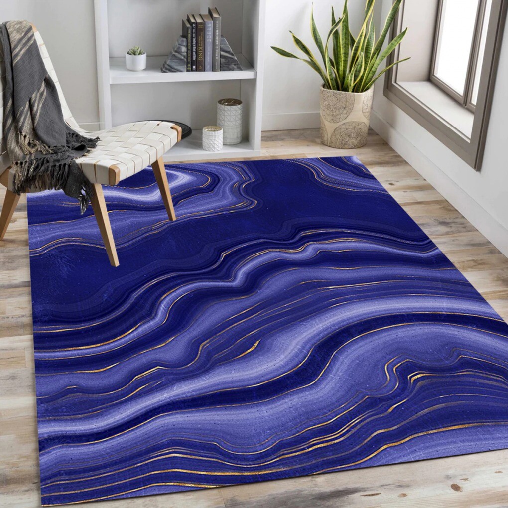 Dark Blue Gold Modern Abstract Marble Texture Rug Lux Unique Art Deco Floor Mat